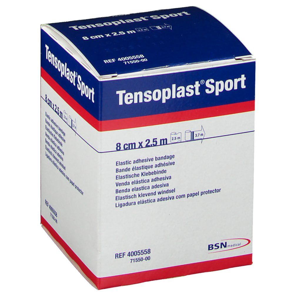 Tensoplast® Sport Schachtel. Aufschrift: 8 cm x 2,5 m. Elastische Klebebinde. BSN medical Logo.