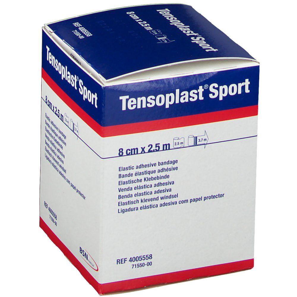 Tensoplast® Sport Schachtel. Aufschrift: 8 cm x 2,5 m. Elastische Klebebinde. BSN medical Logo.