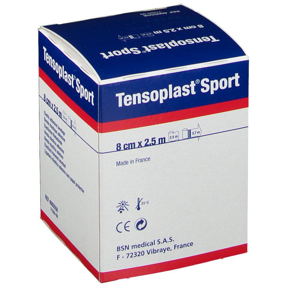 Tensoplast® Sport Schachtel. Aufschrift: 8 cm x 2,5 m. Elastische Klebebinde. CE-Kennzeichnung. BSN medical.