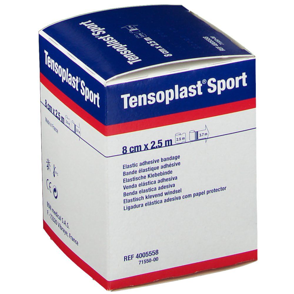 Tensoplast® Sport Schachtel. Aufschrift: 8 cm x 2,5 m. Elastische Klebebinde. BSN medical Logo.