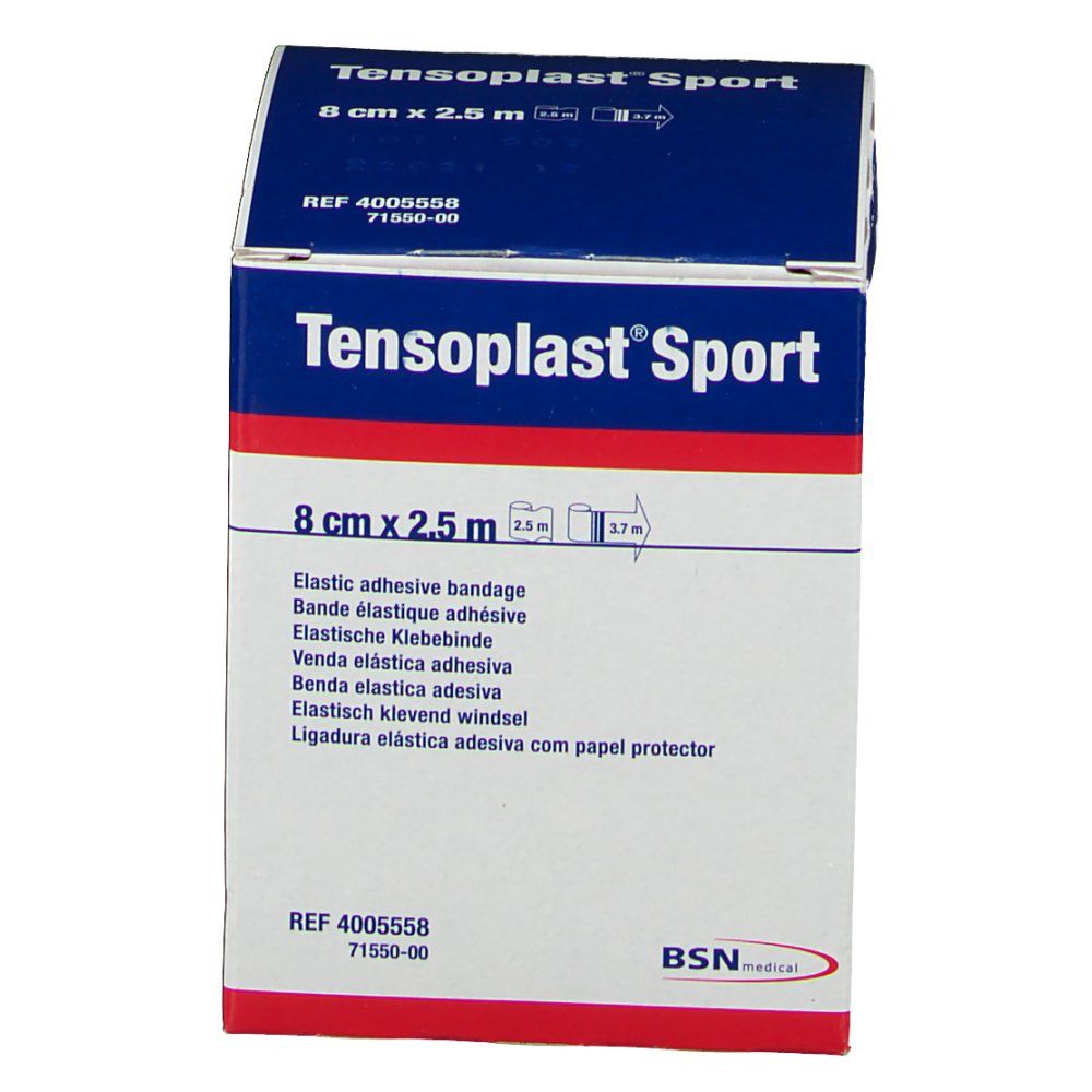 Tensoplast® Sport Schachtel. Aufschrift: 8 cm x 2,5 m. Elastische Klebebinde. BSN medical Logo.