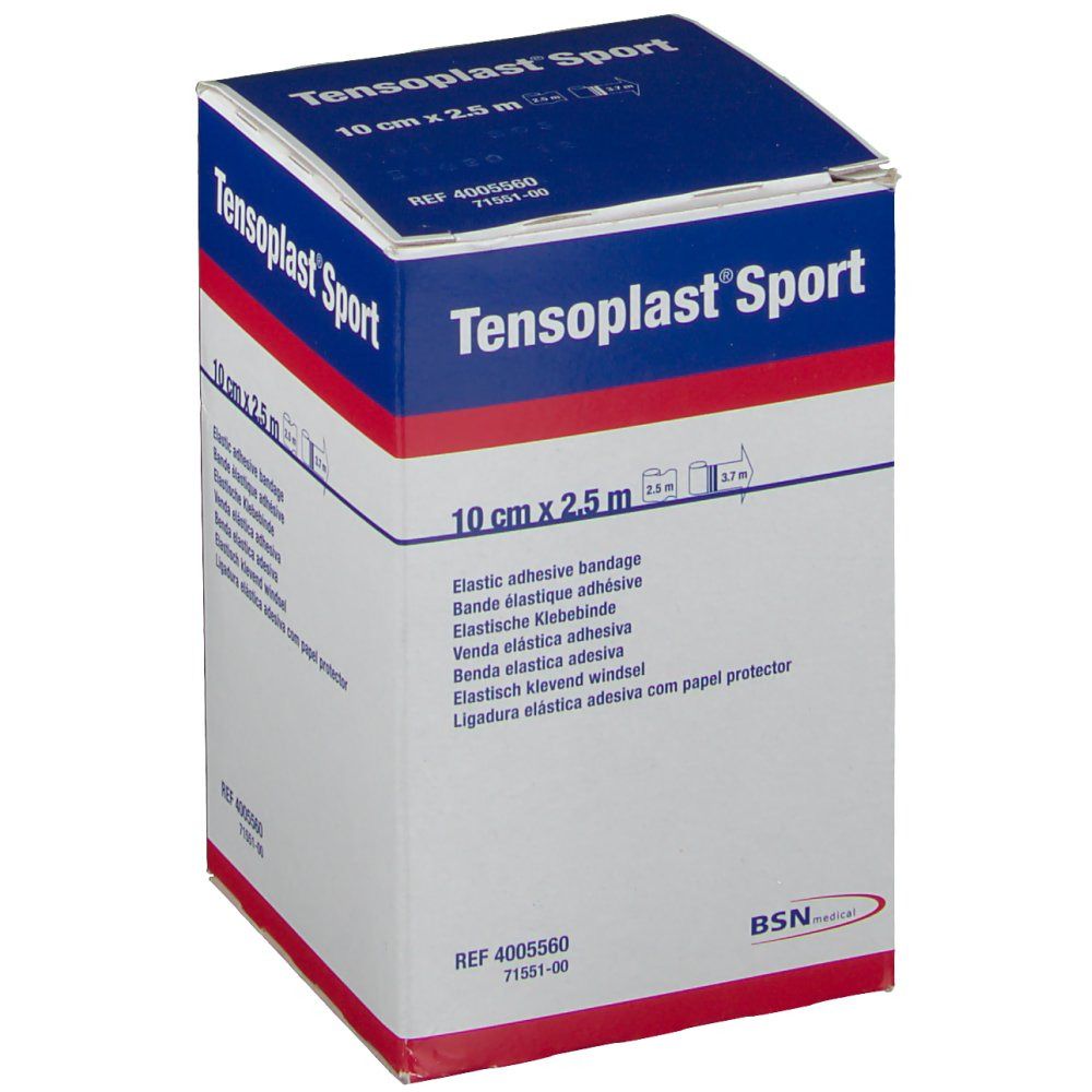 Verpackung von Tensoplast Sport, elastische Klebebinde. Größe: 10 cm x 2,5 m. BSN medical Logo. Produktinformationen.
