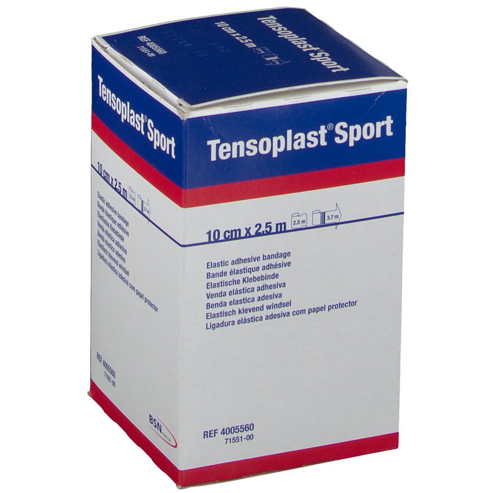 Tensoplast Sport Verpackung. Elastische Klebebinde. Größe: 10 cm x 2,5 m. Produktinformationen. BSN medical Logo.
