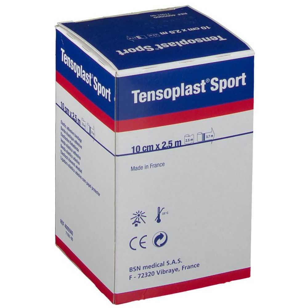Tensoplast Sport Verpackung. Elastische Klebebinde. Größe: 10 cm x 2,5 m. CE-Kennzeichnung. BSN medical Logo. Hergestellt in Frankreich.