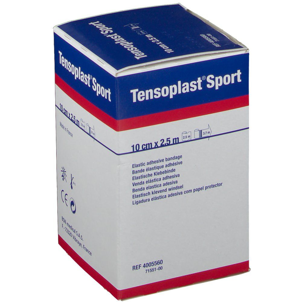 Tensoplast Sport Verpackung. Elastische Klebebinde. Größe: 10 cm x 2,5 m. BSN medical Logo. Produktinformationen.