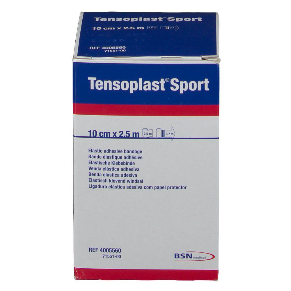 Tensoplast Sport Verpackung. Elastische Klebebinde. Größe: 10 cm x 2,5 m. BSN medical Logo. Produktinformationen.