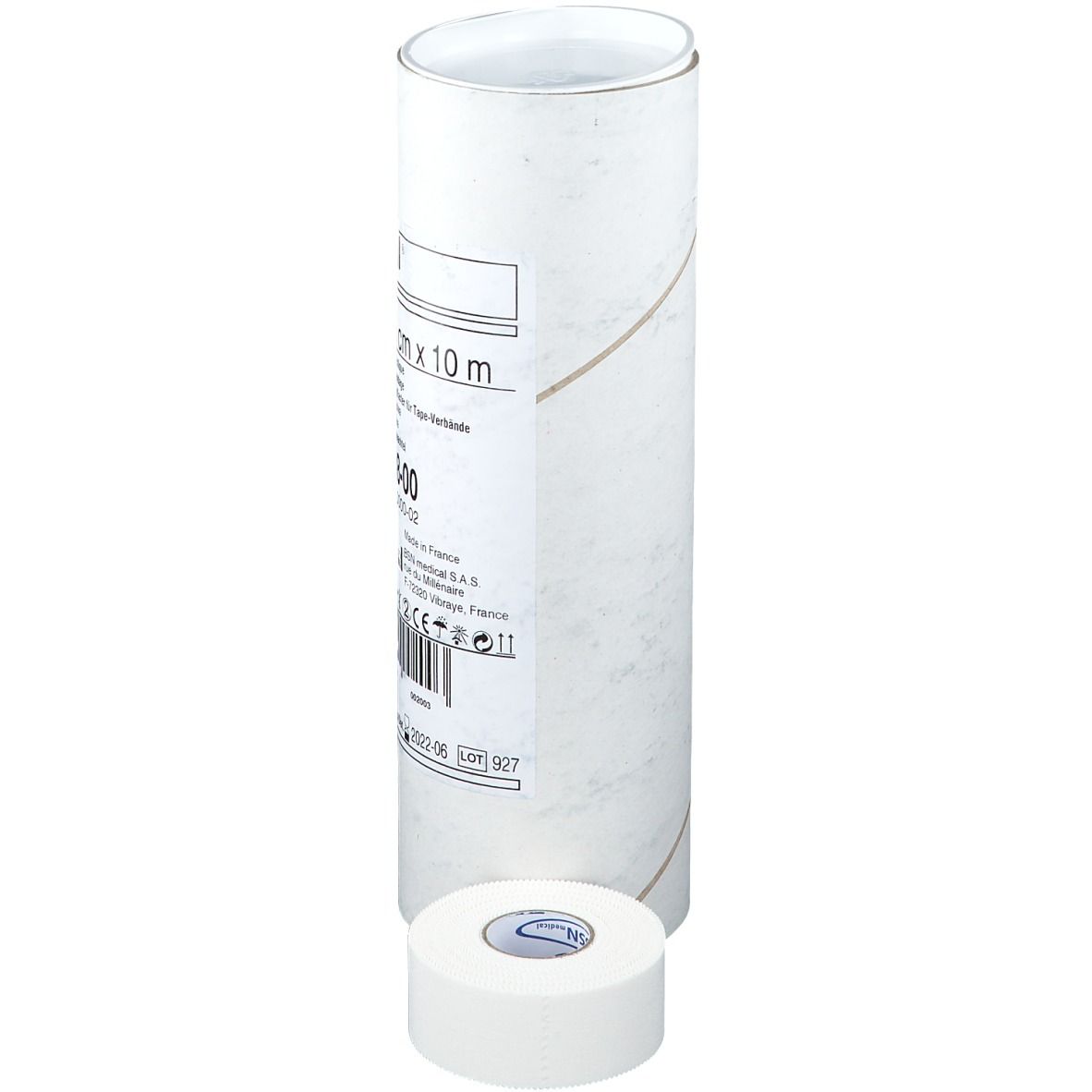 Strappal® bandage adhésif non élastique, 2,5 cm x 10 m, emballage blanc. Rouleau à côté. Informations produit sur l'emballage.