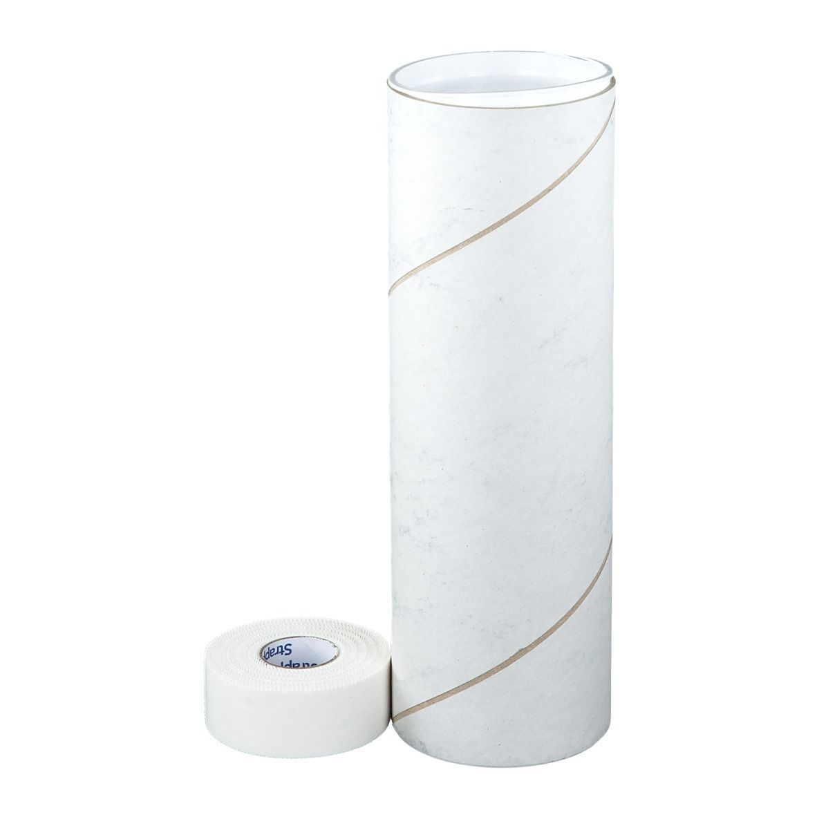Strappal® bandage adhésif non élastique blanc, rouleau et emballage. Emballage cylindrique, blanc. Rouleau à côté.