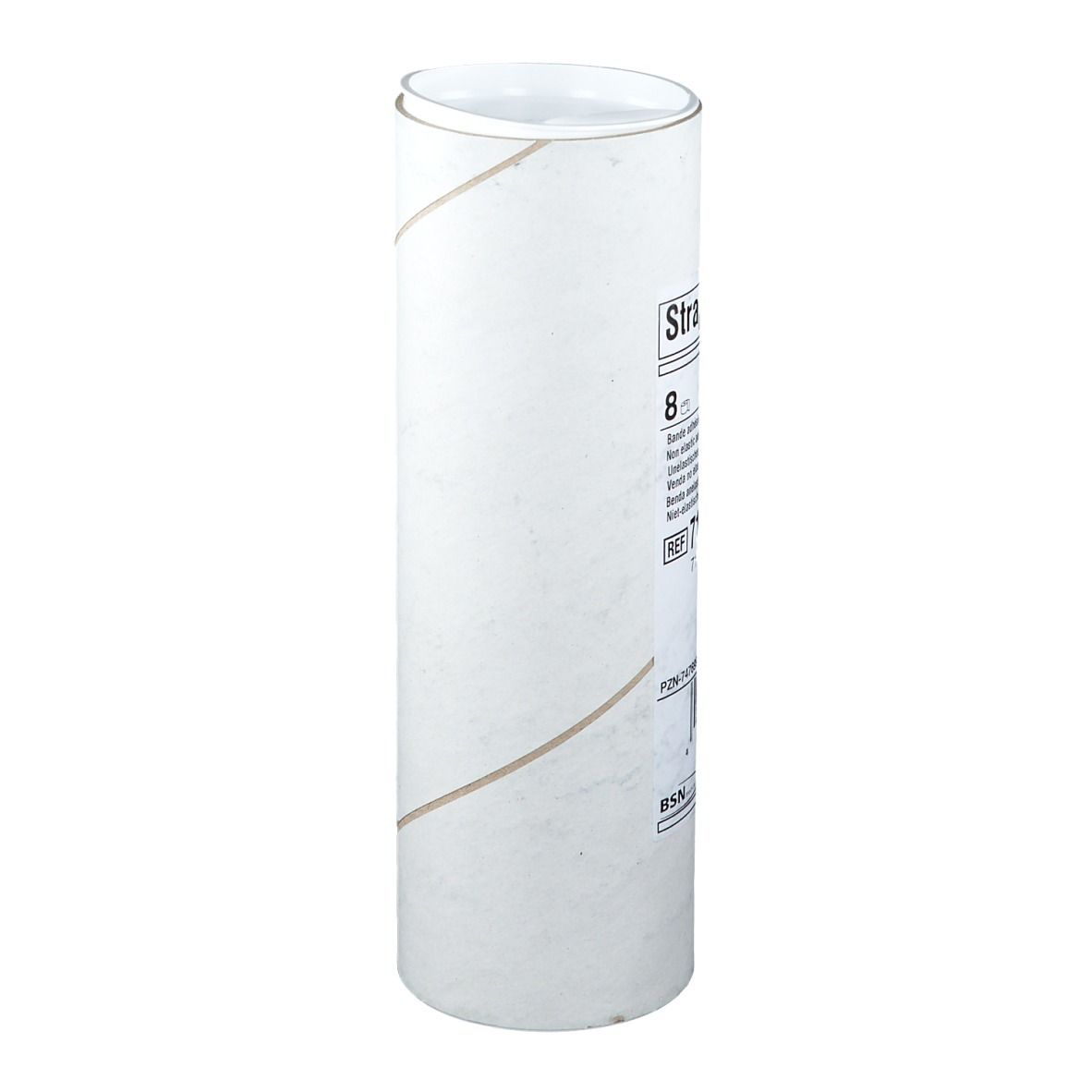 Emballage cylindrique blanc de Strappal® bandage adhésif non élastique. Informations produit sur l'emballage.