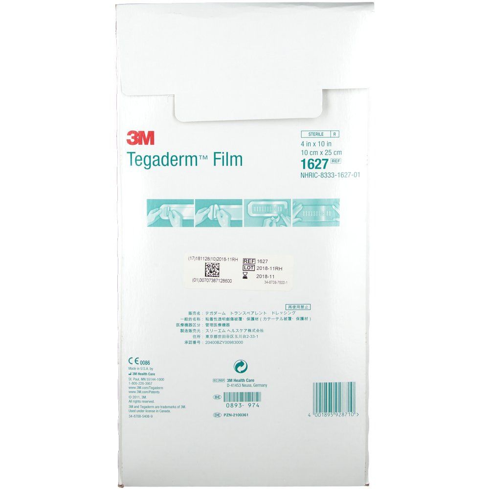 Dos de l'emballage de 3M Tegaderm Film. Boîte blanche avec informations produit et pictogrammes.