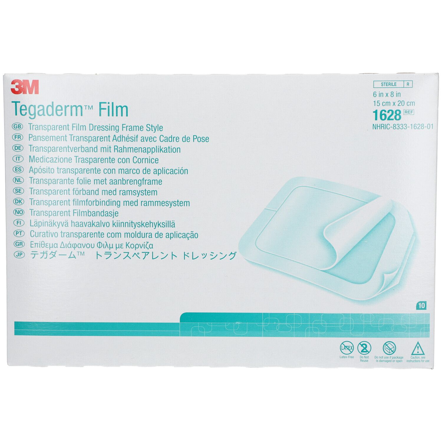 Emballage de 3M™ Tegaderm™ Film. Pansement transparent avec cadre de pose. Dimensions : 15 x 20 cm. Stérile.
