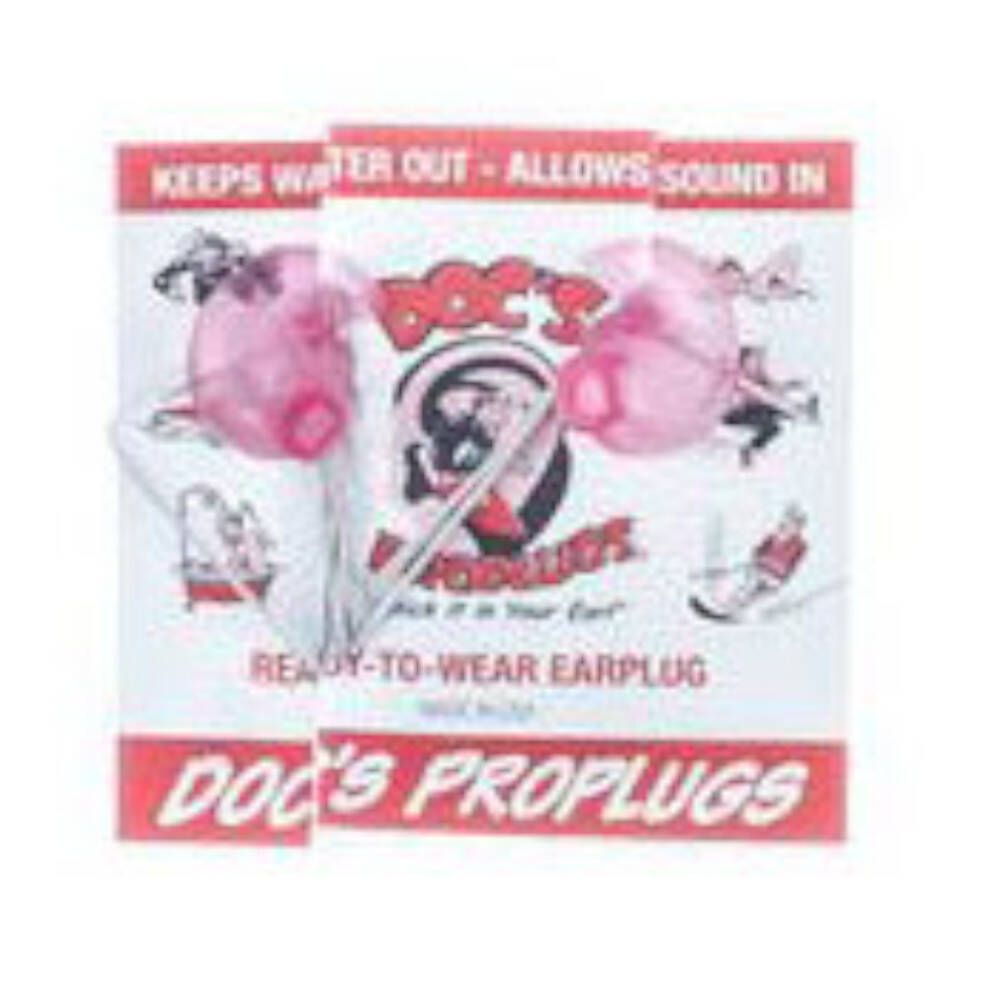 Deux bouchons d'oreille roses avec tiges transparentes, emballés dans une carte avec texte rouge: DOC'S PROPLUGS. Texte: READY-TO-WEAR EARPLUG.
