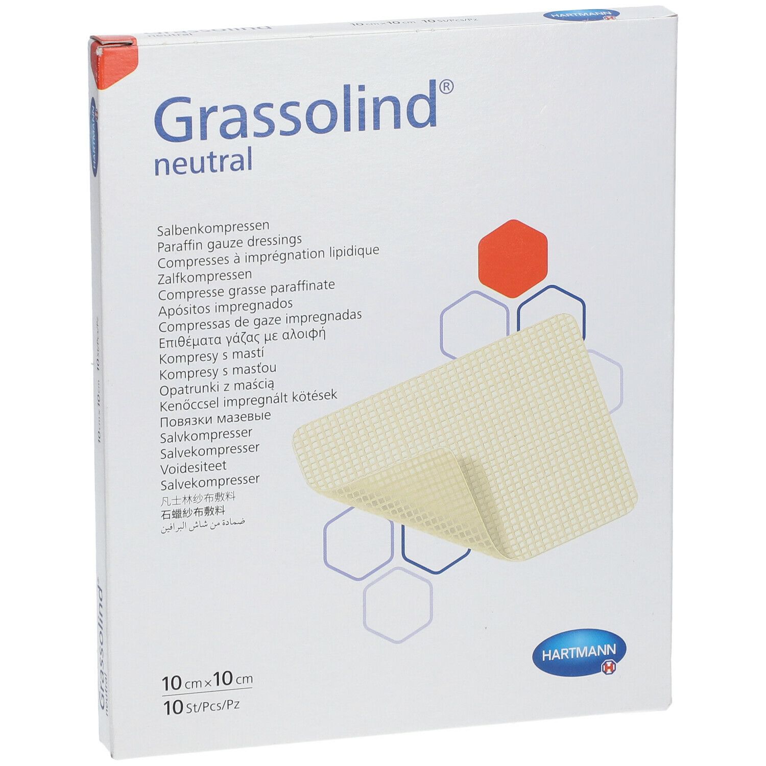 Emballage de compresses Grassolind® neutral. Le nom du produit, la taille, le fabricant et les compresses sont visibles sur l'emballage.