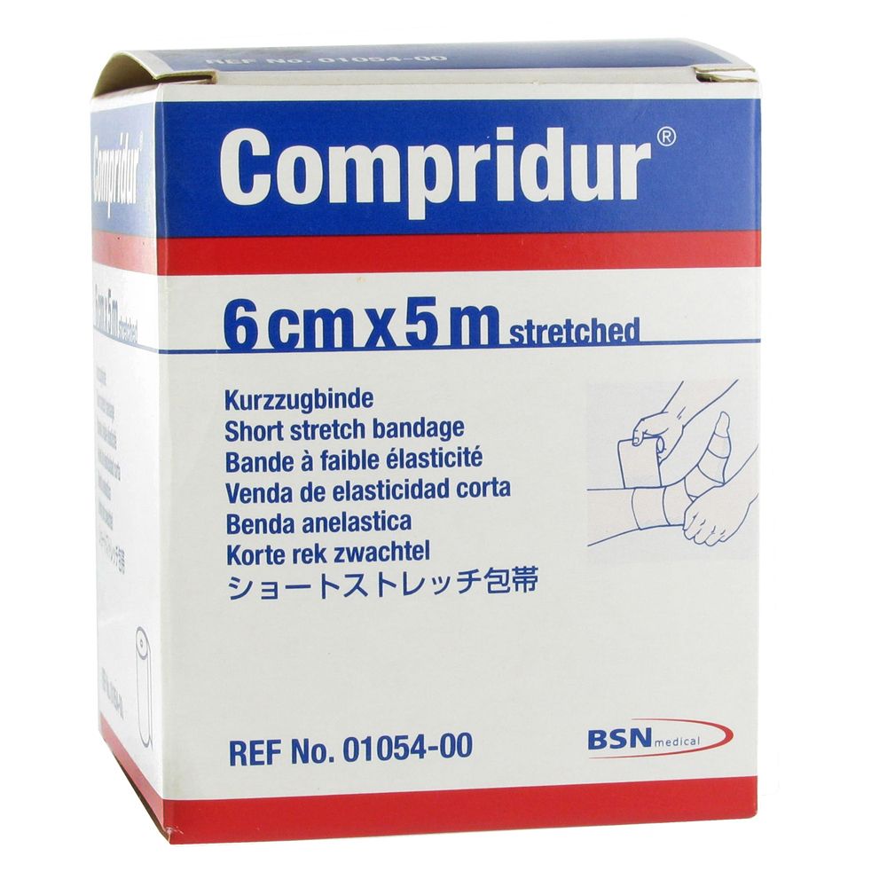 Verpakking van Compridur Stretch Swathe Elast. Opschrift: 6cmx5m stretched. Bevat korte rekverband, BSN-logo en referentienummer.