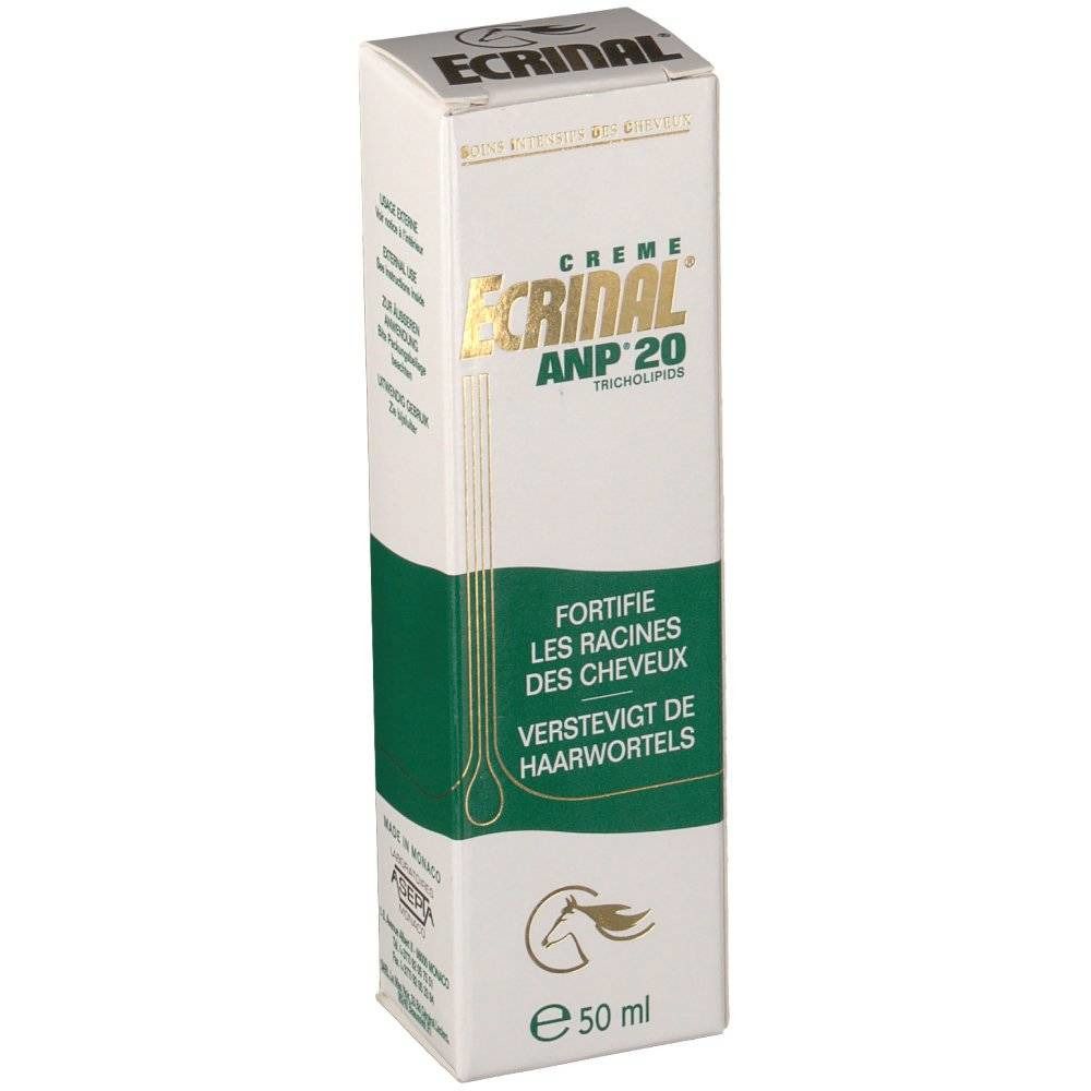 Boîte de Ecrinal ANP 20 Crème. Blanche avec accents verts. Texte: Ecrinal, ANP 20, Tricholipids. Contient 50 ml. Texte en français et néerlandais.