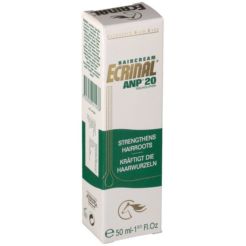 Boîte Ecrinal ANP 20 Crème. Blanche avec éléments verts. Texte: Ecrinal, ANP 20, Tricholipids. Renforce les racines. Contient 50 ml. Code-barres.