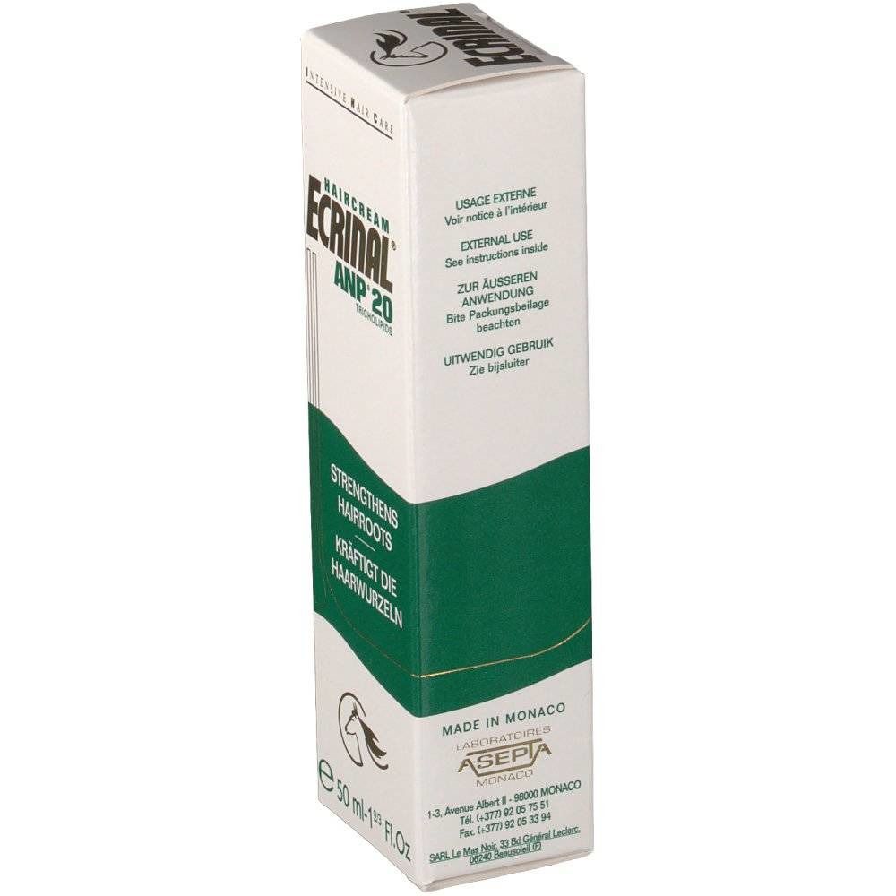 Boîte Ecrinal ANP 20 Crème. Blanche avec accents verts. Texte: Ecrinal, ANP 20, Tricholipids. Mode d'emploi. Contient 50 ml. Fabriqué à Monaco.