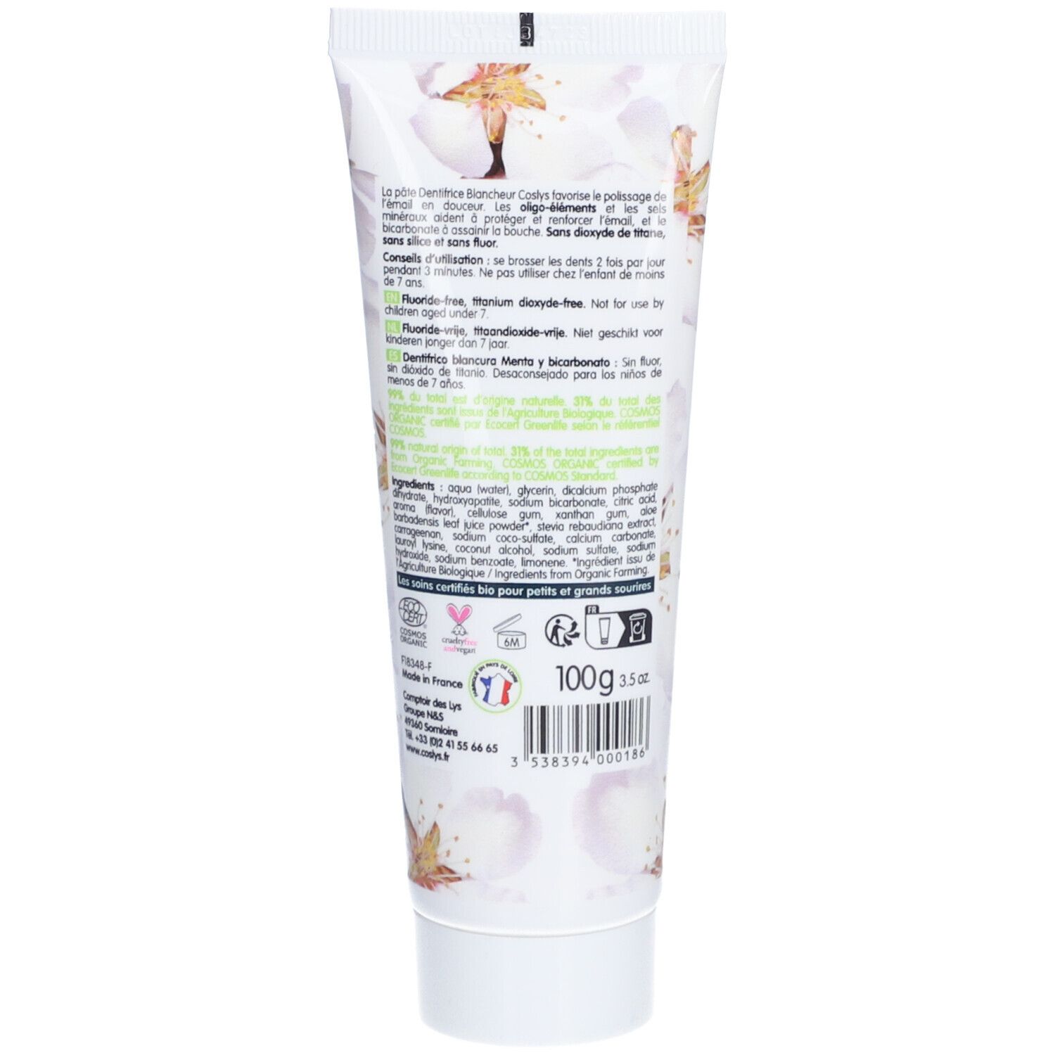 Rückseite der Zahnpasta-Tube. Text und Inhaltsstoffe. Aufschrift: 100g, 3.5oz. Bio-Zertifizierung und andere Logos.