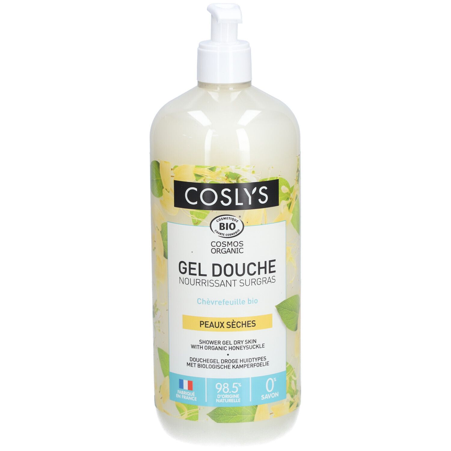 Coslys Duschgel für trockene Haut mit Bio-Geißblatt. Transparente Flasche mit weißem Pumpkopf. Gelbe und grüne Etiketten.