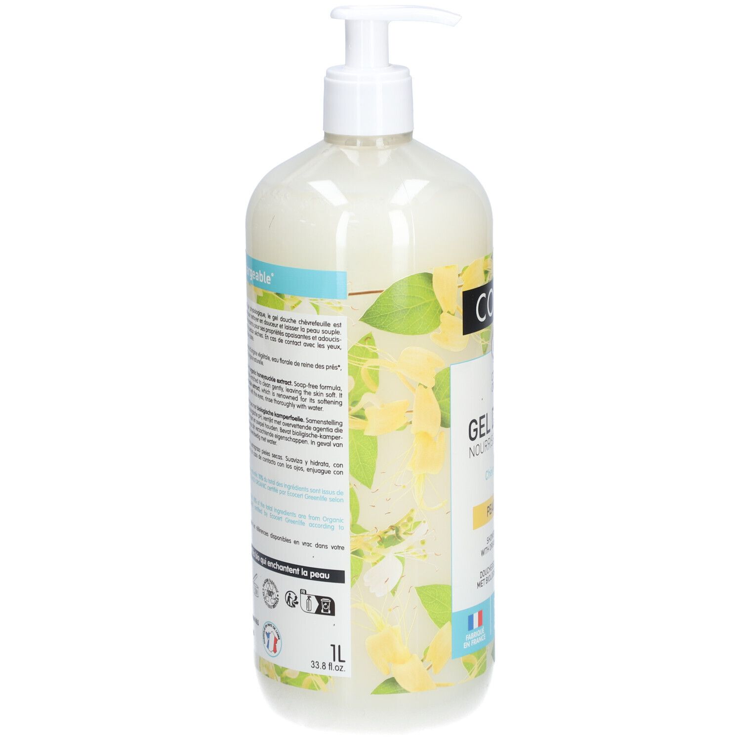 Coslys Duschgel-Flasche mit Bio-Geißblatt. Transparente Flasche mit weißem Pumpkopf. Etiketten mit Text und grünen Blättern.