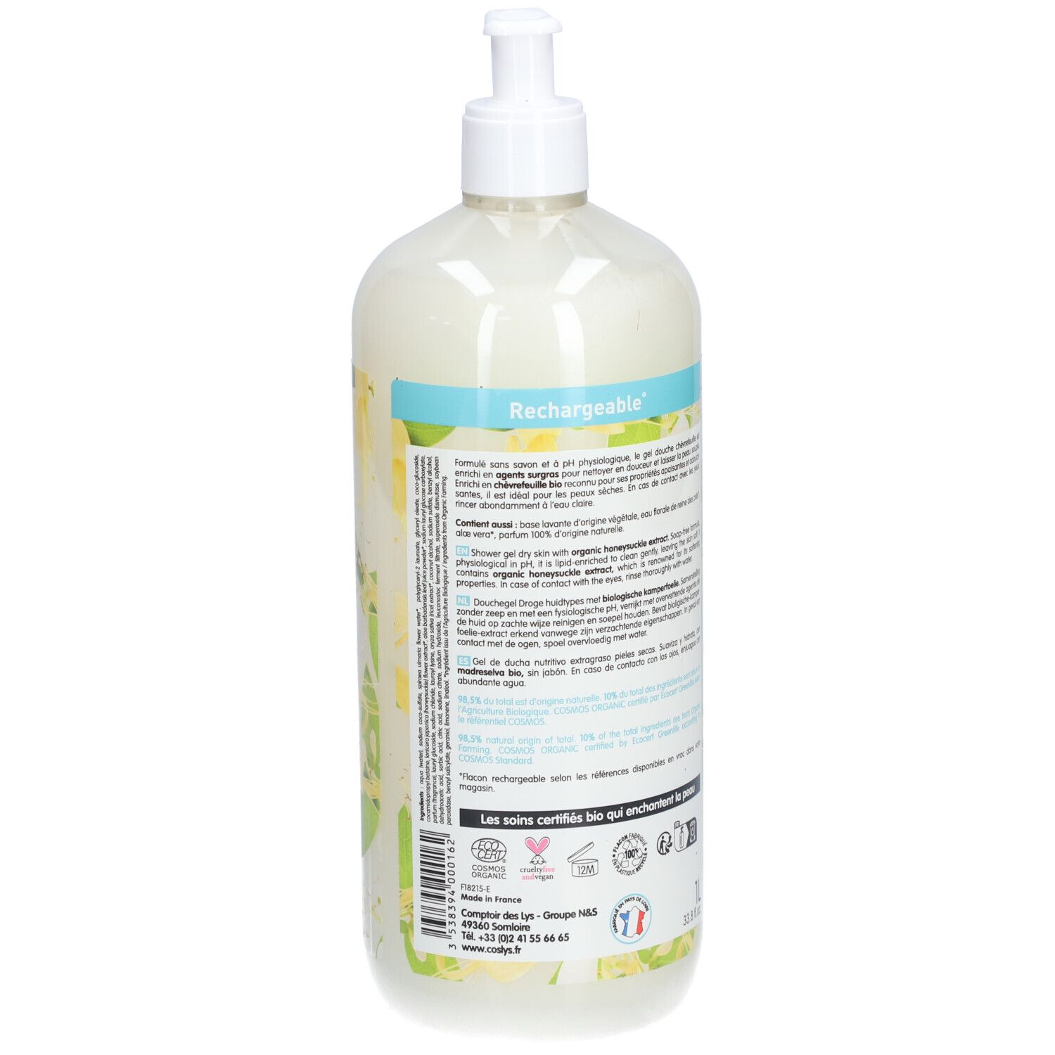 Coslys Duschgel-Flasche mit Bio-Geißblatt. Transparente Flasche mit weißem Pumpkopf. Etiketten mit Text und grünen Blättern.