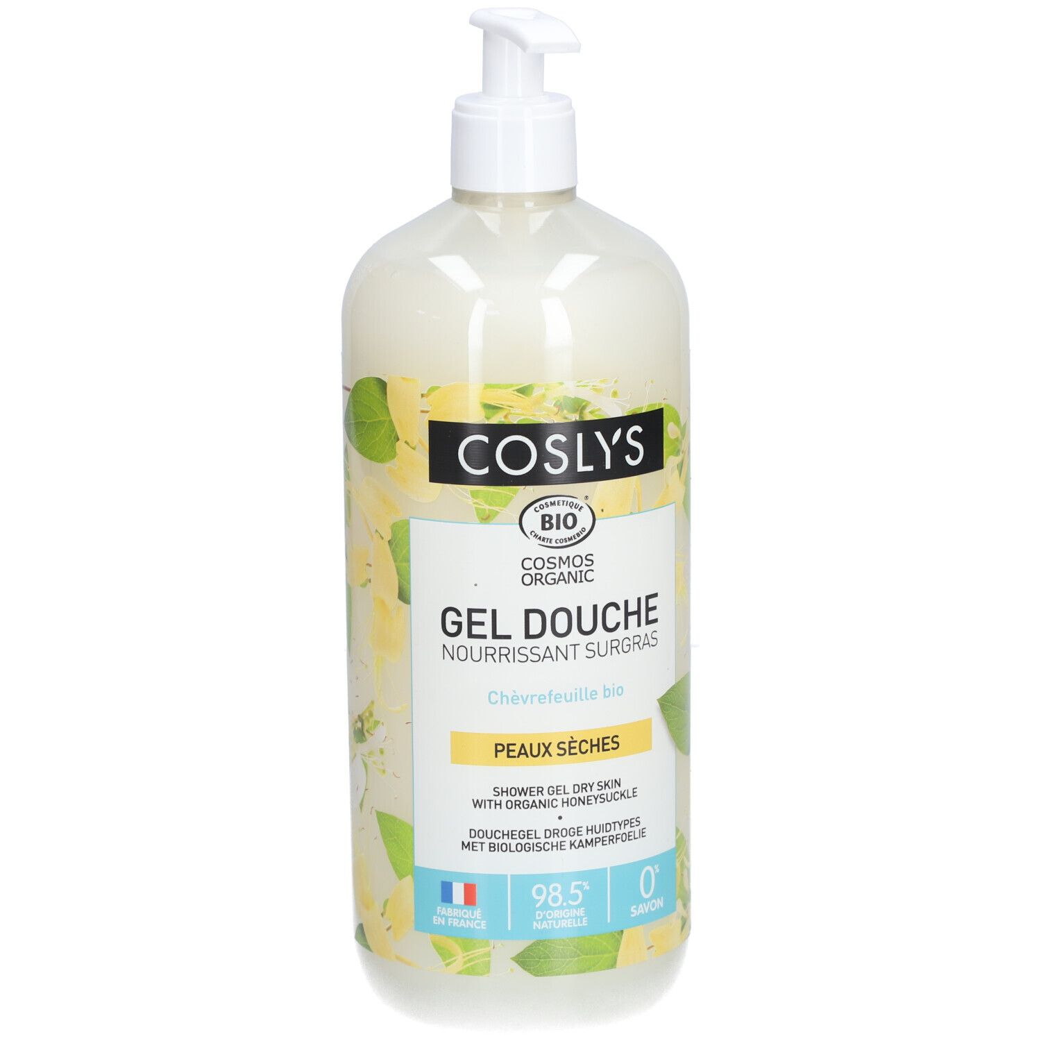 Coslys Duschgel für trockene Haut mit Bio-Geißblatt. Transparente Flasche mit weißem Pumpkopf. Gelbe und grüne Etiketten.