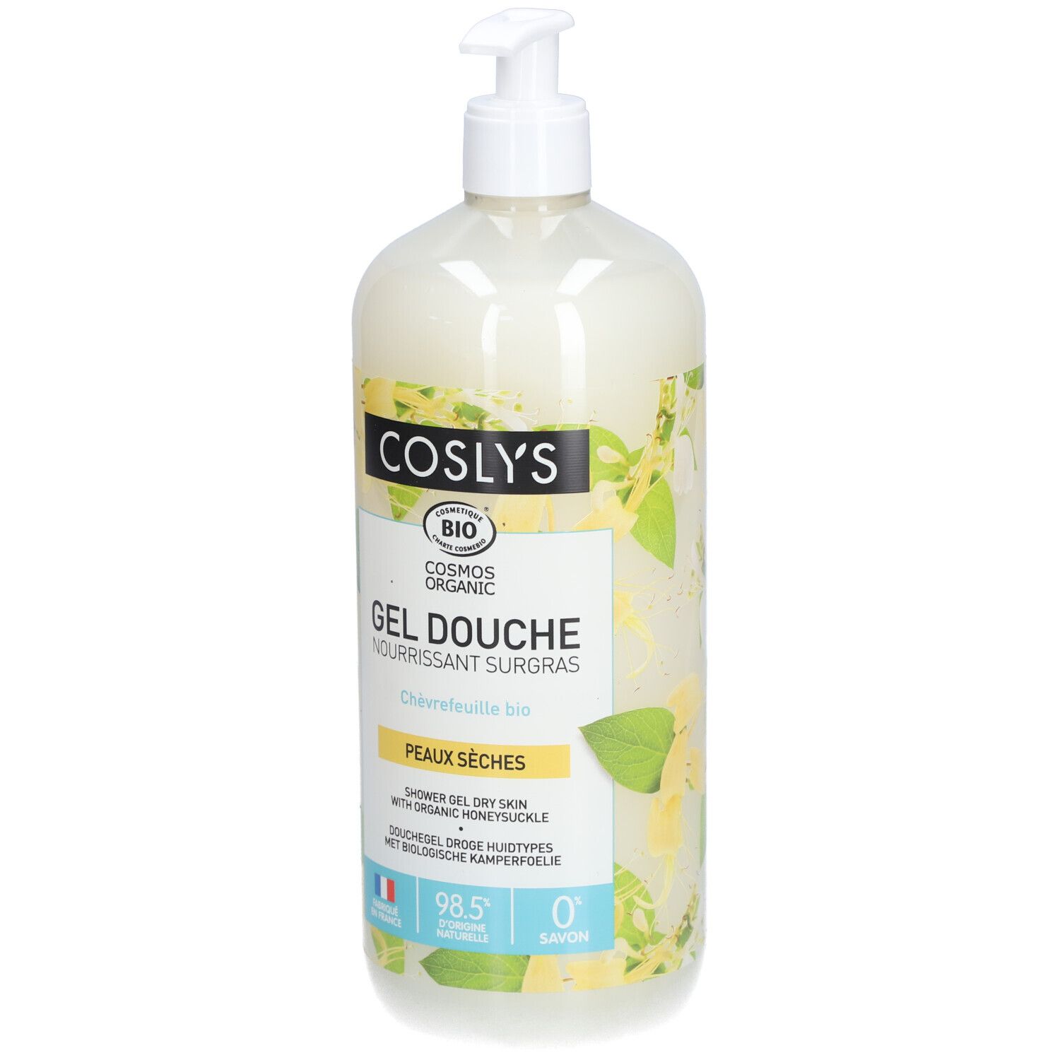 Coslys Duschgel für trockene Haut mit Bio-Geißblatt. Transparente Flasche mit weißem Pumpkopf. Gelbe und grüne Etiketten.