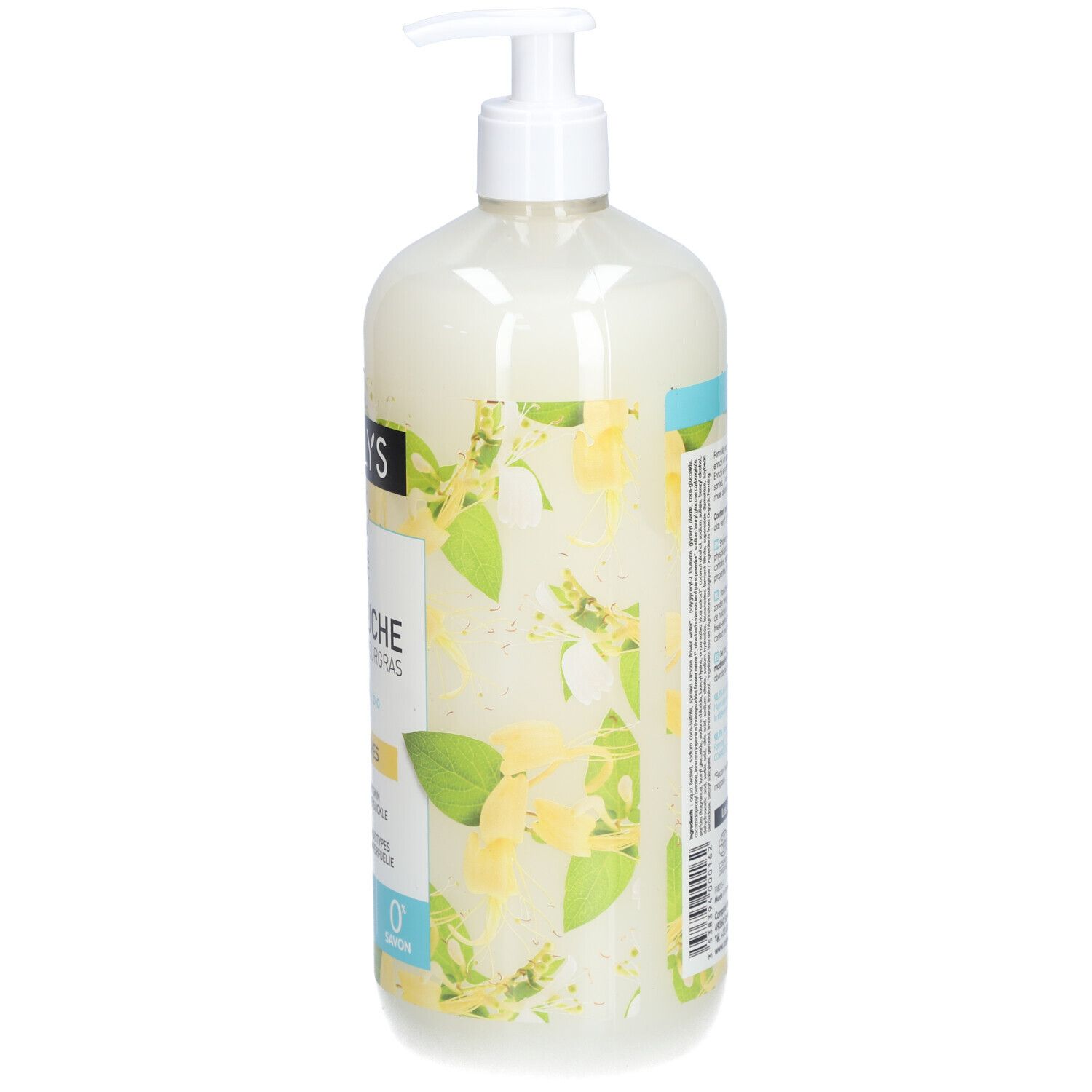Coslys Duschgel-Flasche mit Bio-Geißblatt. Transparente Flasche mit weißem Pumpkopf. Etiketten mit Text und grünen Blättern.