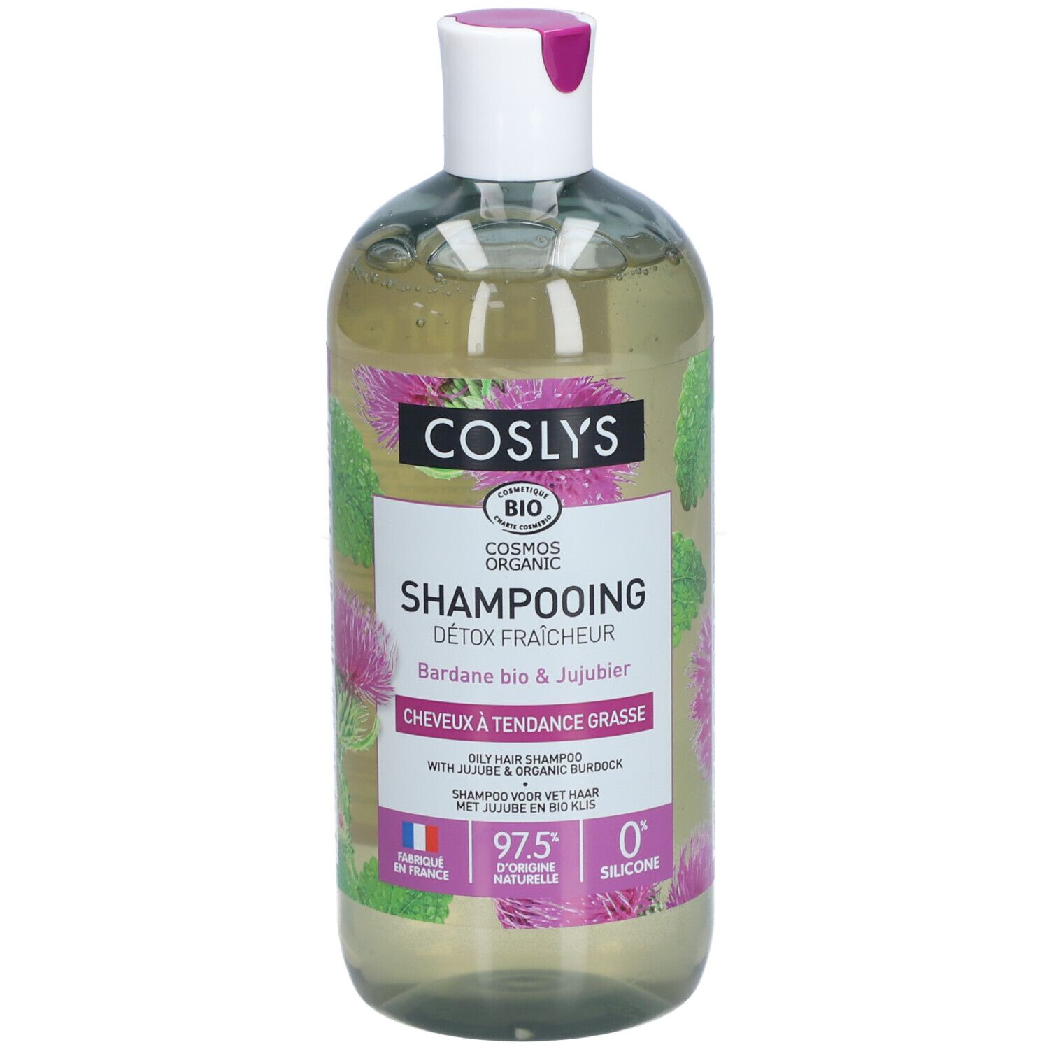Transparente Flasche mit Shampoo. Aufschrift: Coslys, Shampooing, Detox Fraicheur. Mit Klette und Jujubier.
