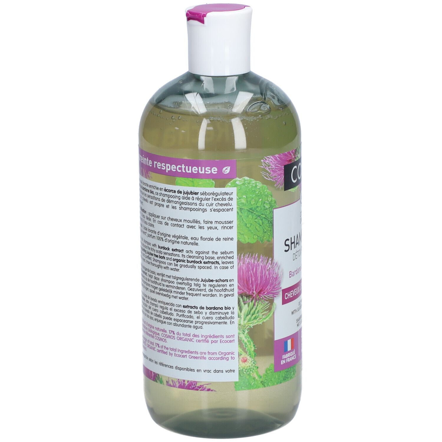 Rückseite der Shampoo-Flasche. Text: Inhaltsstoffe, Anwendungshinweise. Mit Klette und Jujubier. Zertifizierungen.