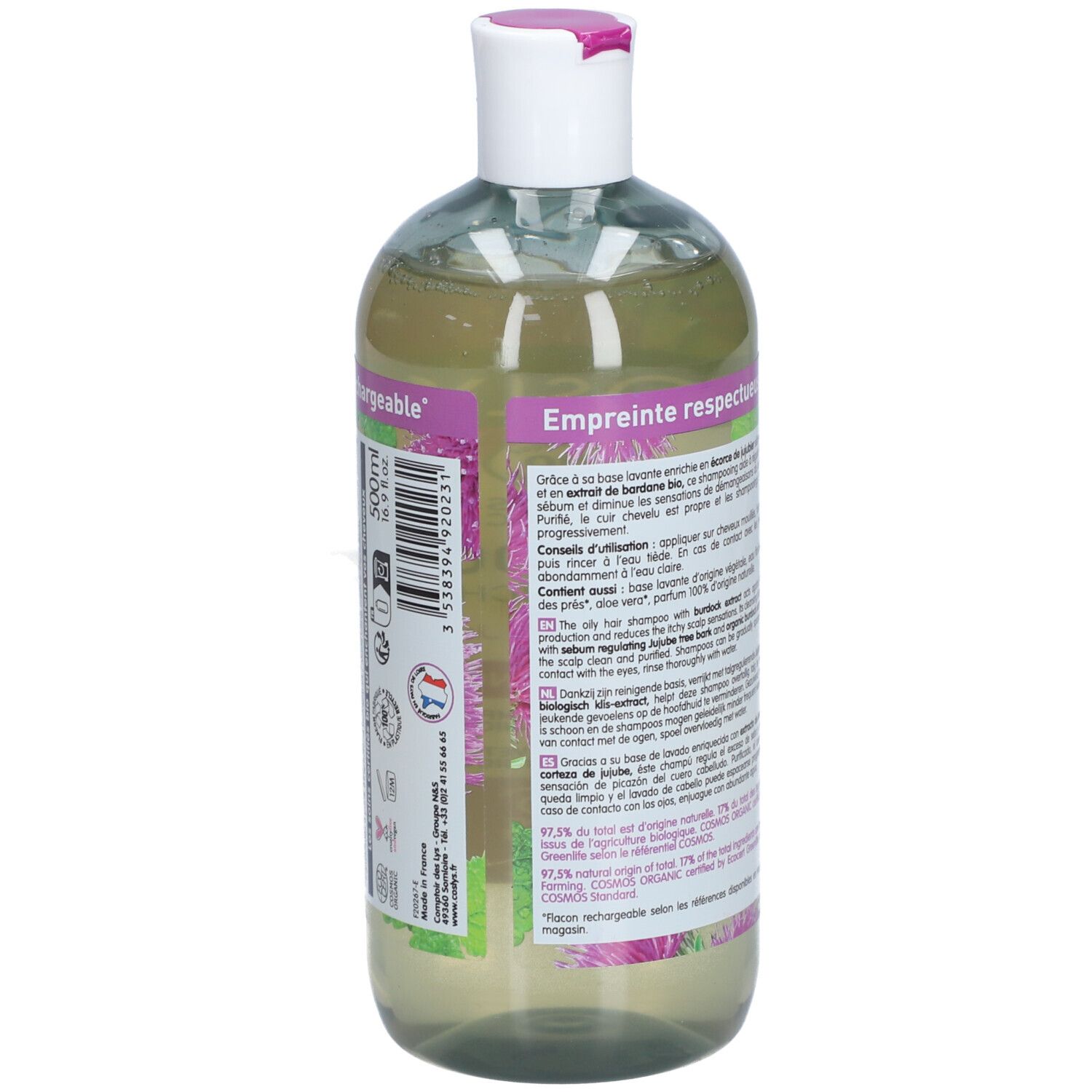 Rückseite der Shampoo-Flasche. Text: Inhaltsstoffe, Anwendungshinweise. Mit Klette und Jujubier. Zertifizierungen.