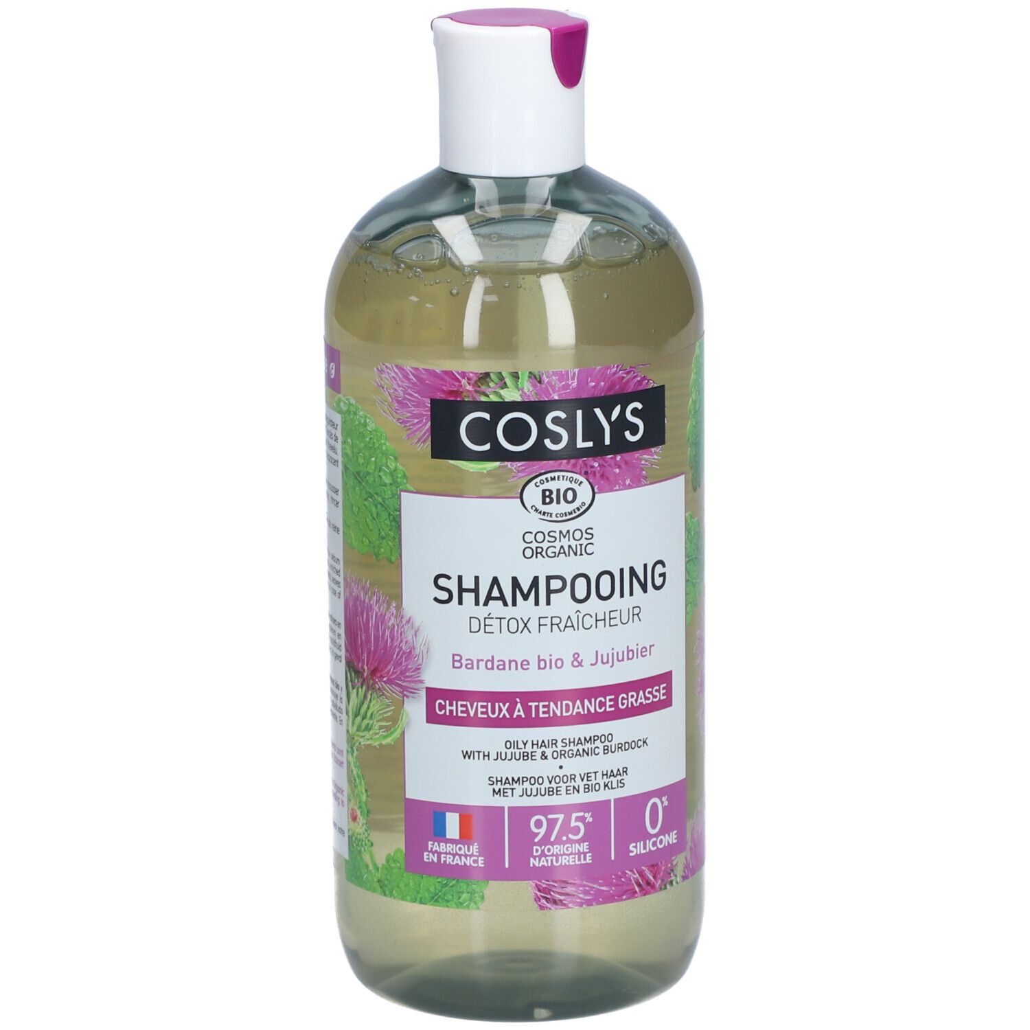 Transparente Flasche mit Shampoo. Aufschrift: Coslys, Shampooing, Detox Fraicheur. Mit Klette und Jujubier.