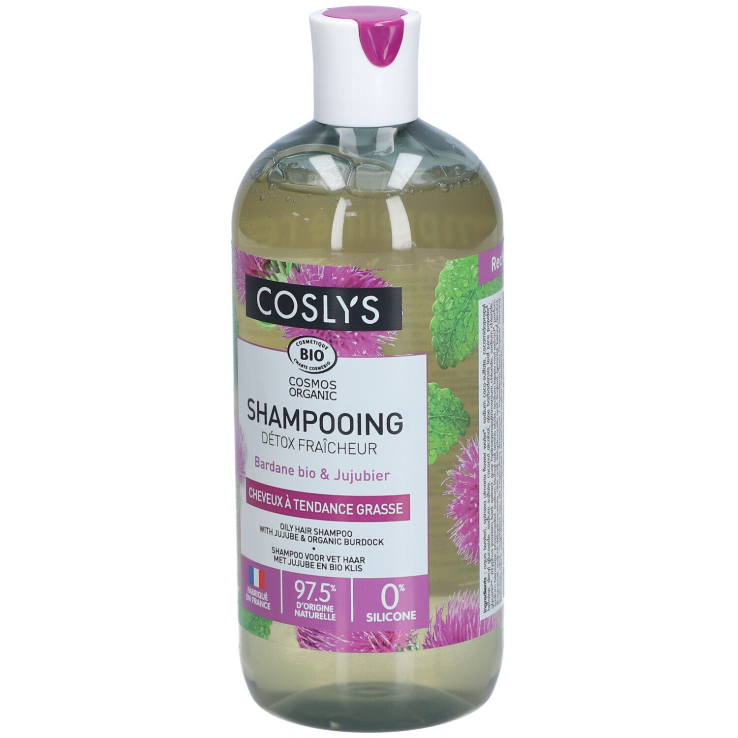 Transparente Flasche mit Shampoo. Aufschrift: Coslys, Shampooing, Detox Fraicheur. Mit Klette und Jujubier.