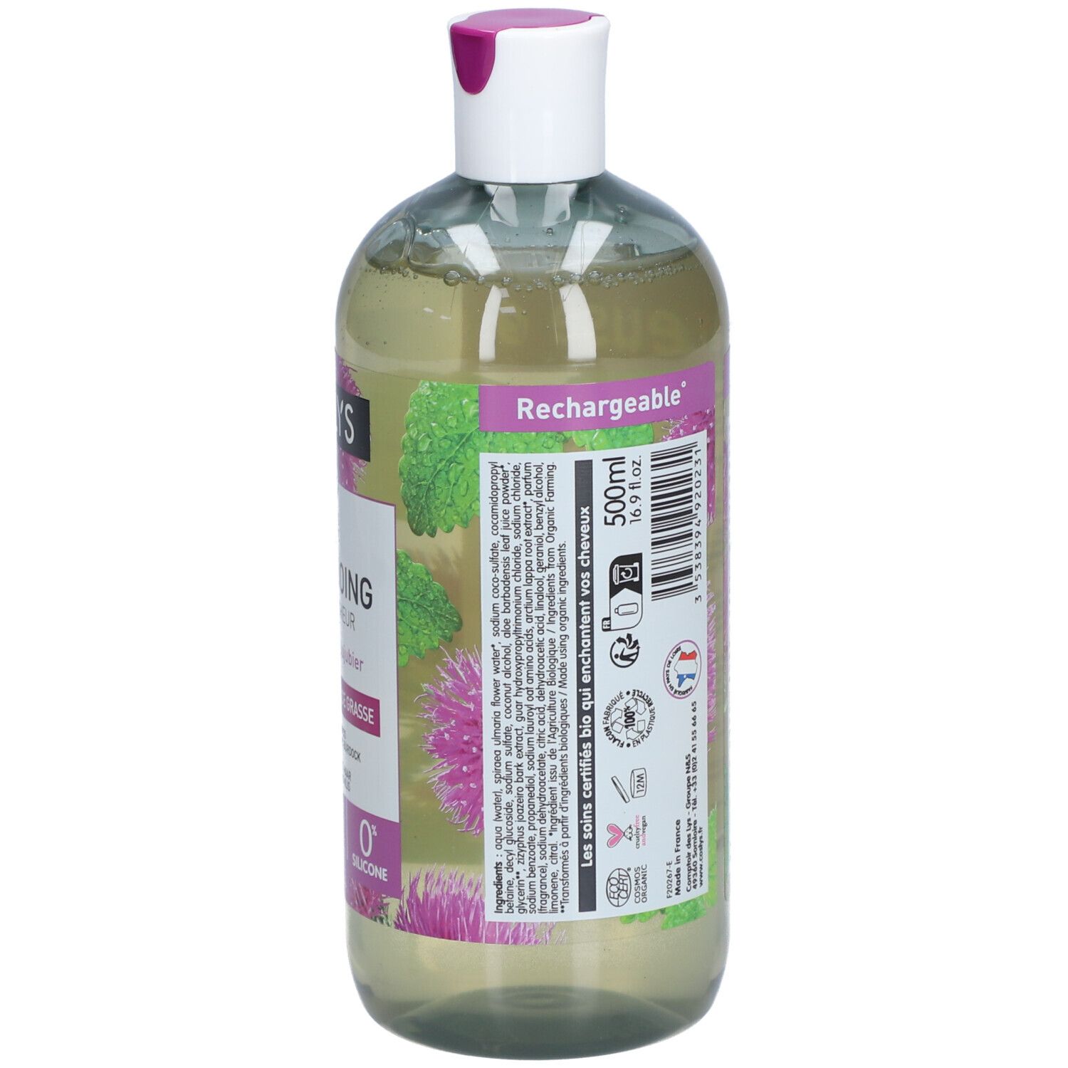 Rückseite der Shampoo-Flasche. Text: Inhaltsstoffe, Anwendungshinweise. Mit Klette und Jujubier. Zertifizierungen.