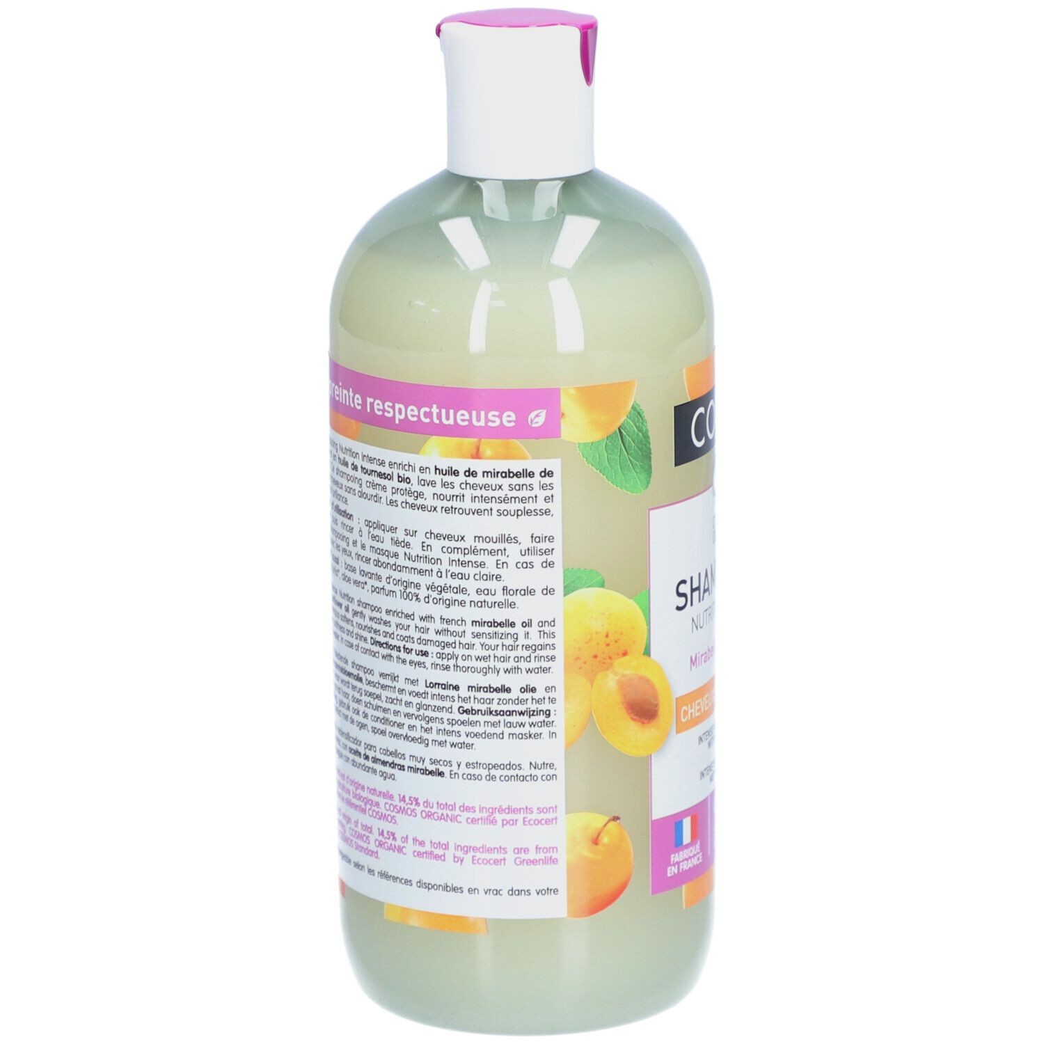 Dos du flacon Shampooing Nutrition Intense. Texte et illustrations d'abricots. Bouchon blanc, touche rose.