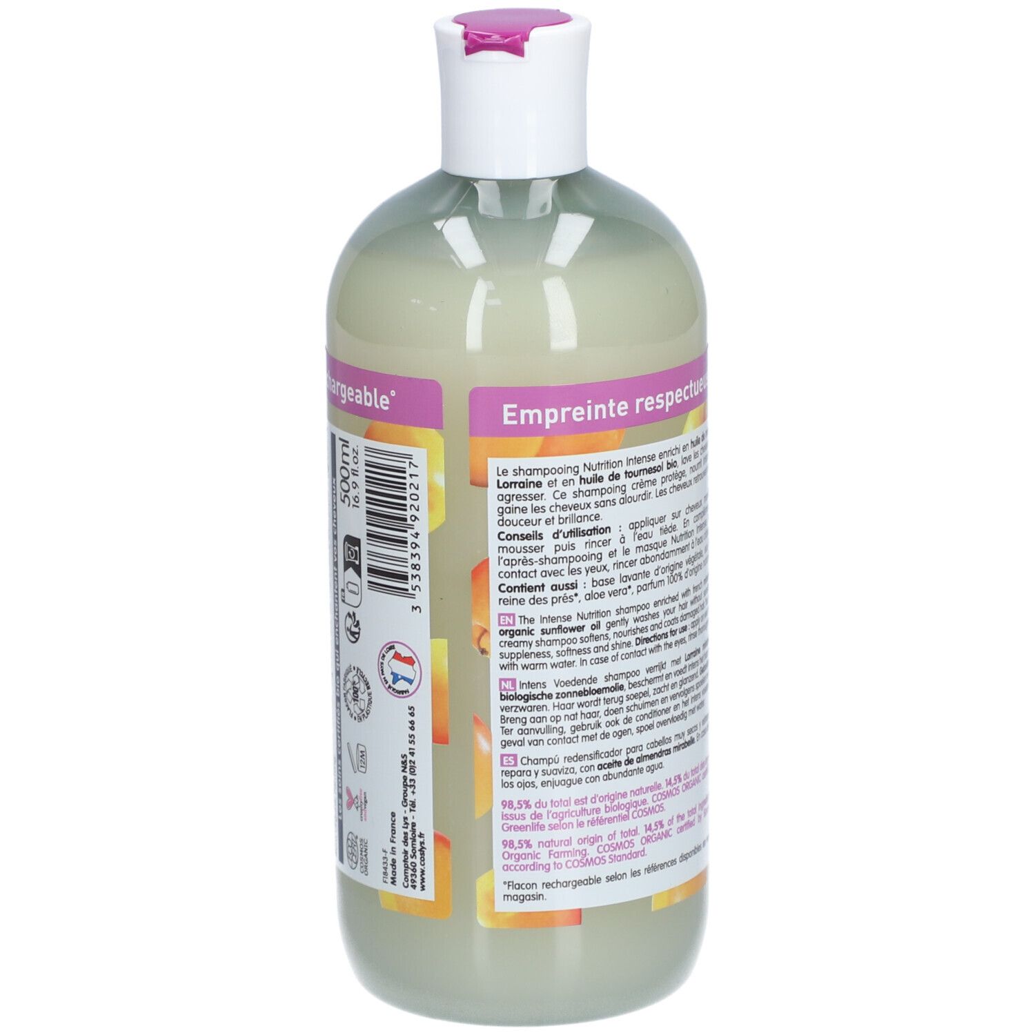 Dos du flacon Shampooing Nutrition Intense. Texte, illustrations d'abricots. 500ml. Bouchon blanc, touche rose.