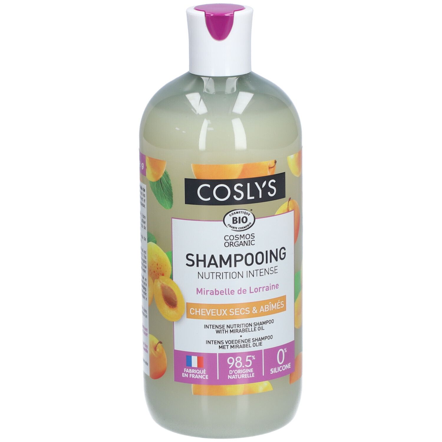 Flacon de Shampooing Nutrition Intense. Bouchon blanc, touche rose. Inscriptions: Coslys, Bio, Shampooing, Mirabelle de Lorraine.