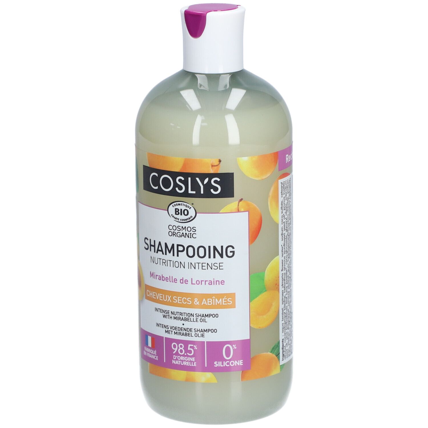 Flacon de Shampooing Nutrition Intense. Bouchon blanc, touche rose. Inscriptions: Coslys, Bio, Shampooing, Mirabelle de Lorraine.