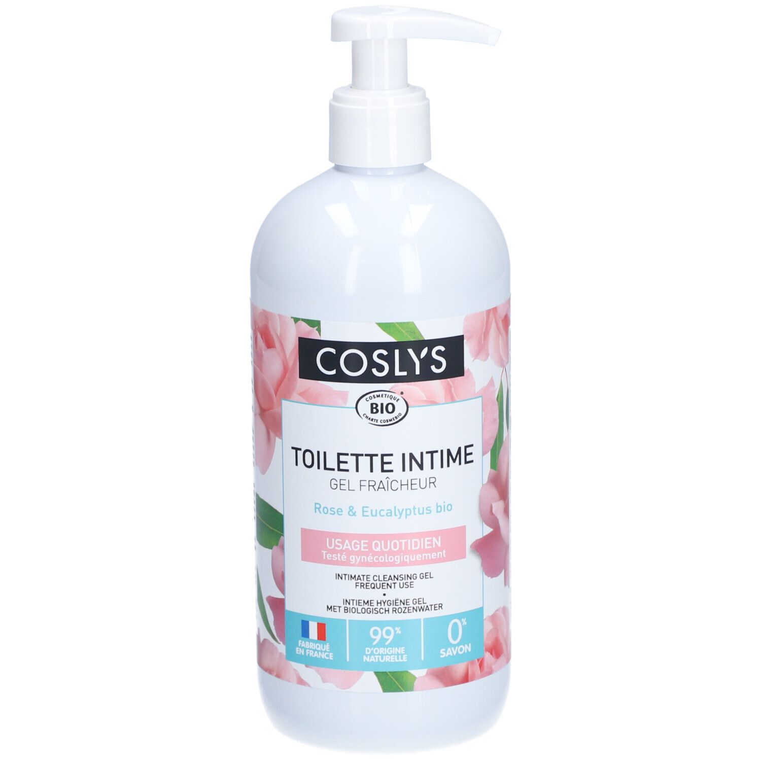Flacon blanc avec pompe. Inscription : Coslys, Toilette Intime, Rose & Eucalyptus bio. Drapeau français. Certification bio.