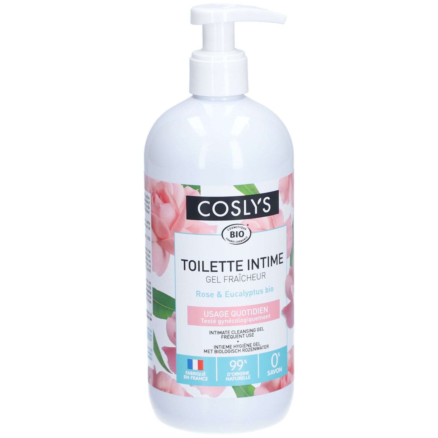 Flacon blanc avec pompe. Inscription : Coslys, Toilette Intime, Rose & Eucalyptus bio. Drapeau français. Certification bio.