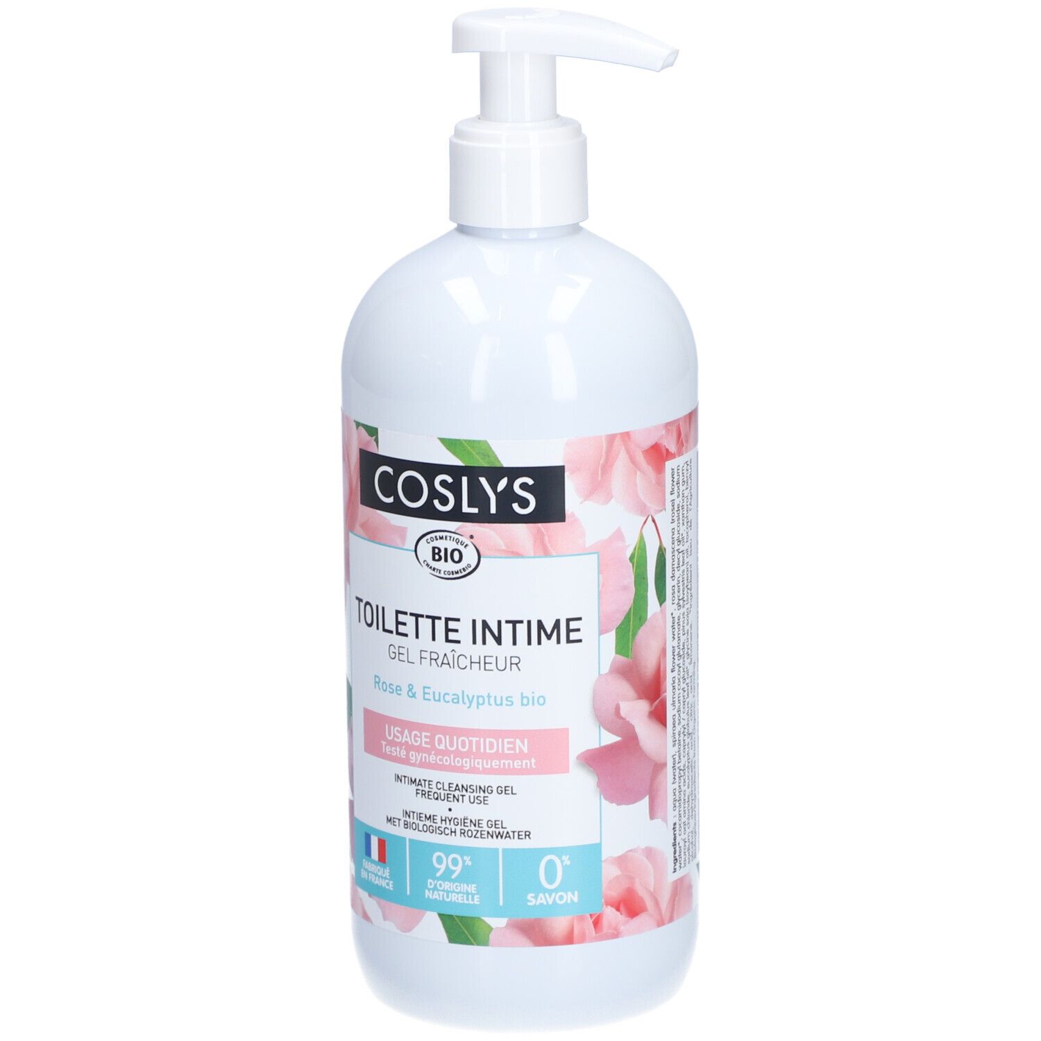 Flacon blanc avec pompe. Inscription : Coslys, Toilette Intime, Rose & Eucalyptus bio. Drapeau français. Certification bio.