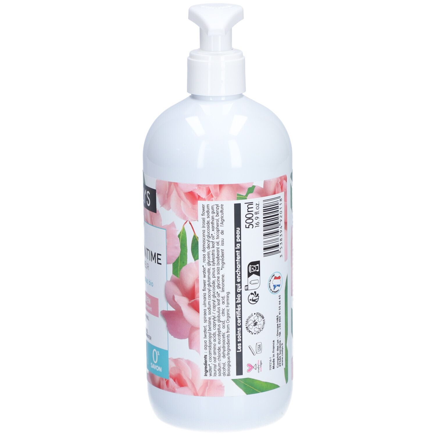 Dos du flacon. Texte multilingue. Ingrédients, mode d'emploi. Certification bio. Drapeau français. 500ml.