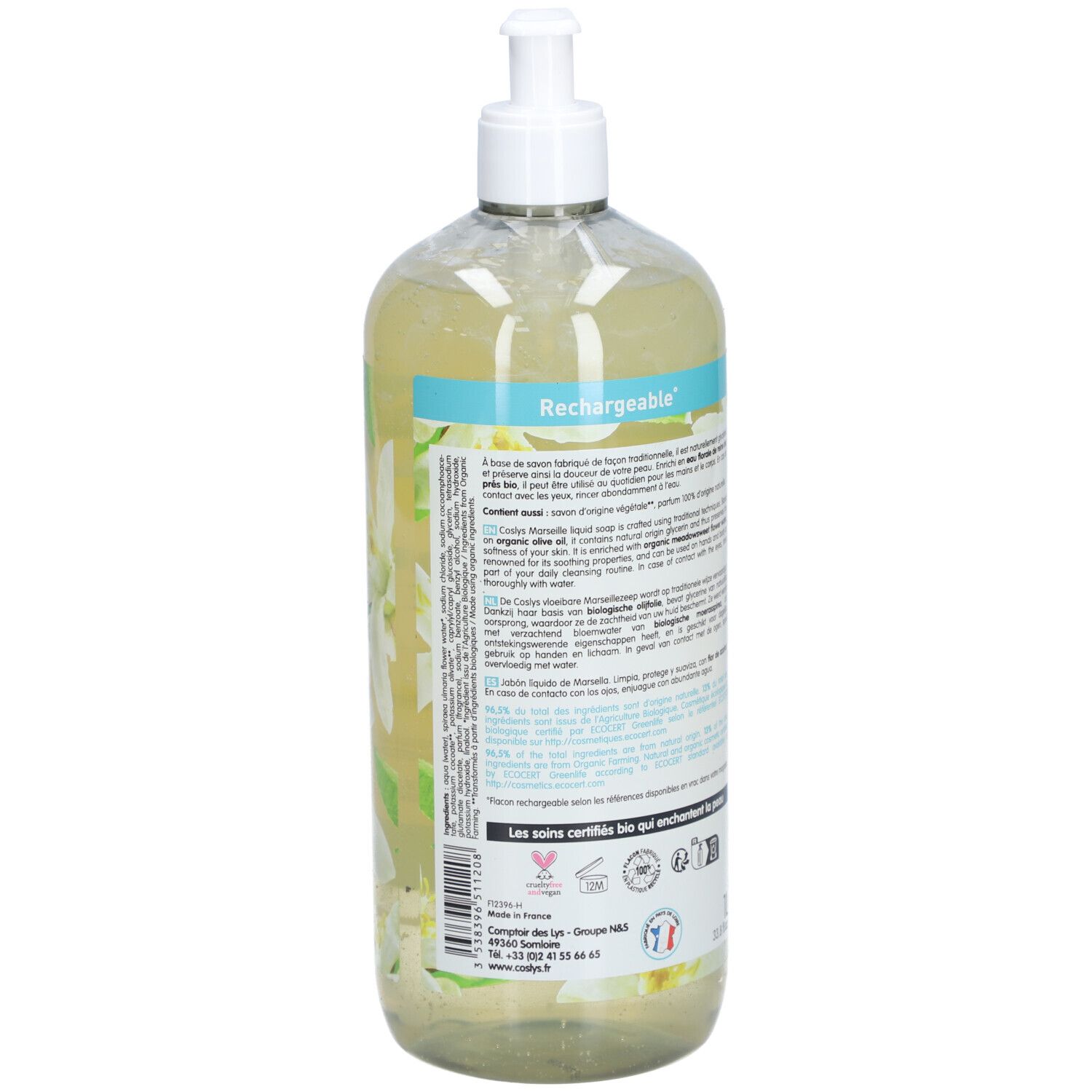 Transparante fles met pomp. Achterkant met meertalige tekst. Bevat informatie over het product en certificeringen.