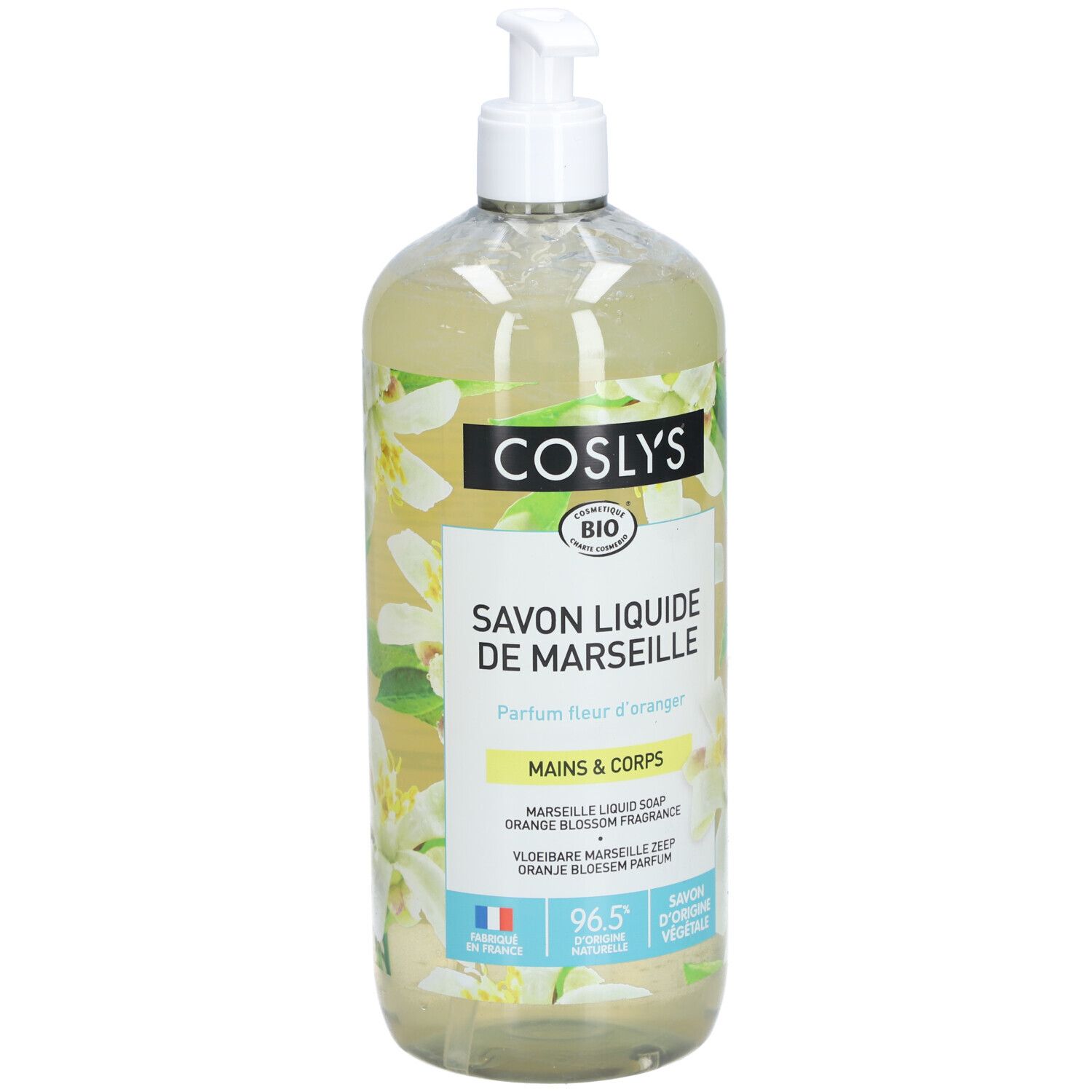 Transparante fles met pomp. Etiket met productnaam, sinaasappelbloesemmotief en bio-keurmerk. Tekst in het Frans en Engels.