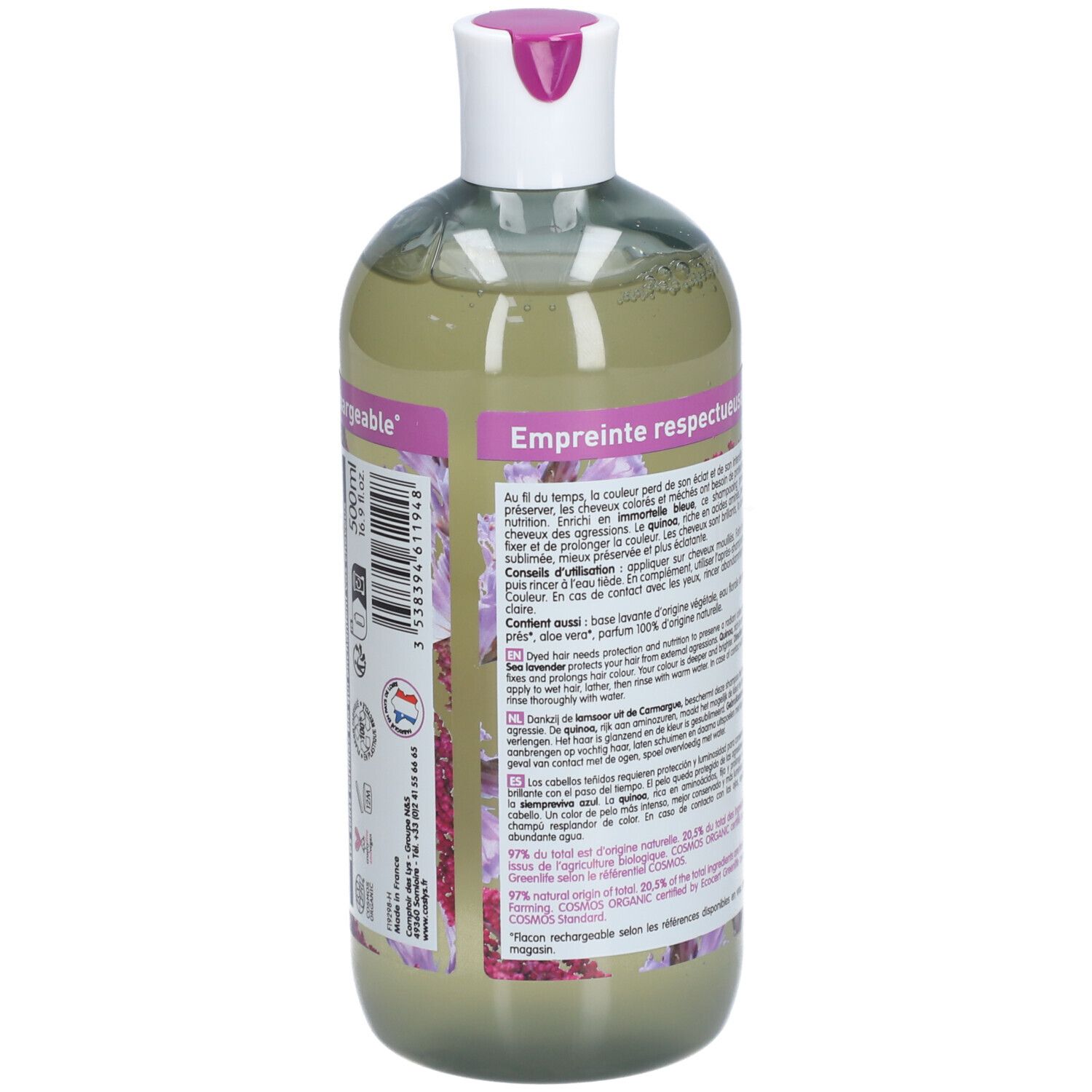 Dos de la bouteille Coslys Shampoo Éclat Couleur. Texte avec informations produit et ingrédients. Motif floral violet.