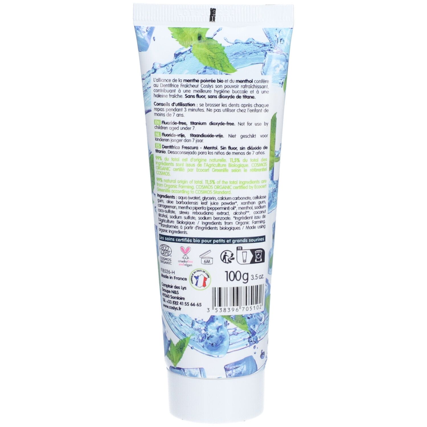 Dos du tube de dentifrice. Texte avec ingrédients, conseils d'utilisation, certifications et 100g/3.5oz.
