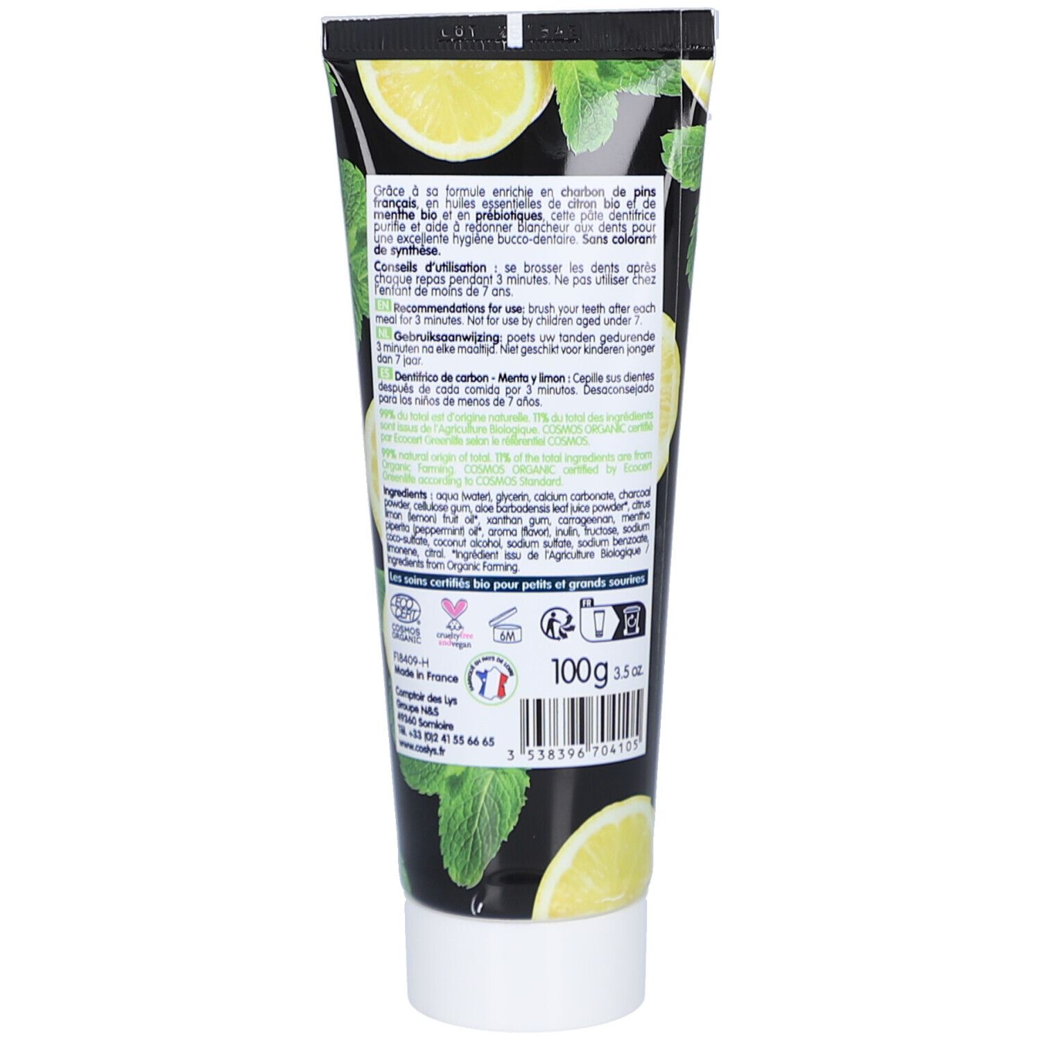 Rückseite der Zahnpasta-Tube. Text: Inhaltsstoffe, Gebrauchsanweisung, Logo. Enthält 100g.
