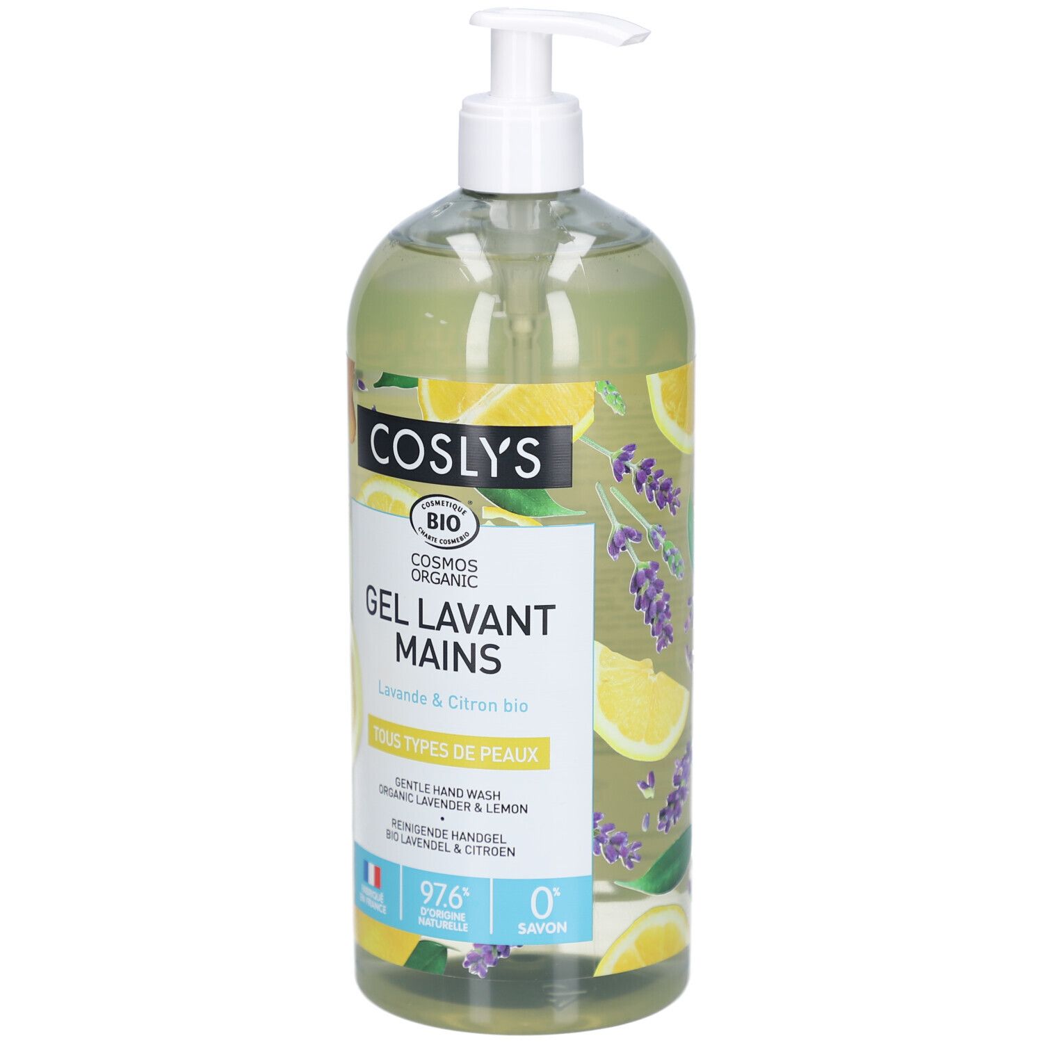 Transparente Flasche mit Spender. Aufkleber mit Produktbezeichnung, Zitrone und Lavendel-Illustrationen. Bio-Zertifizierung.