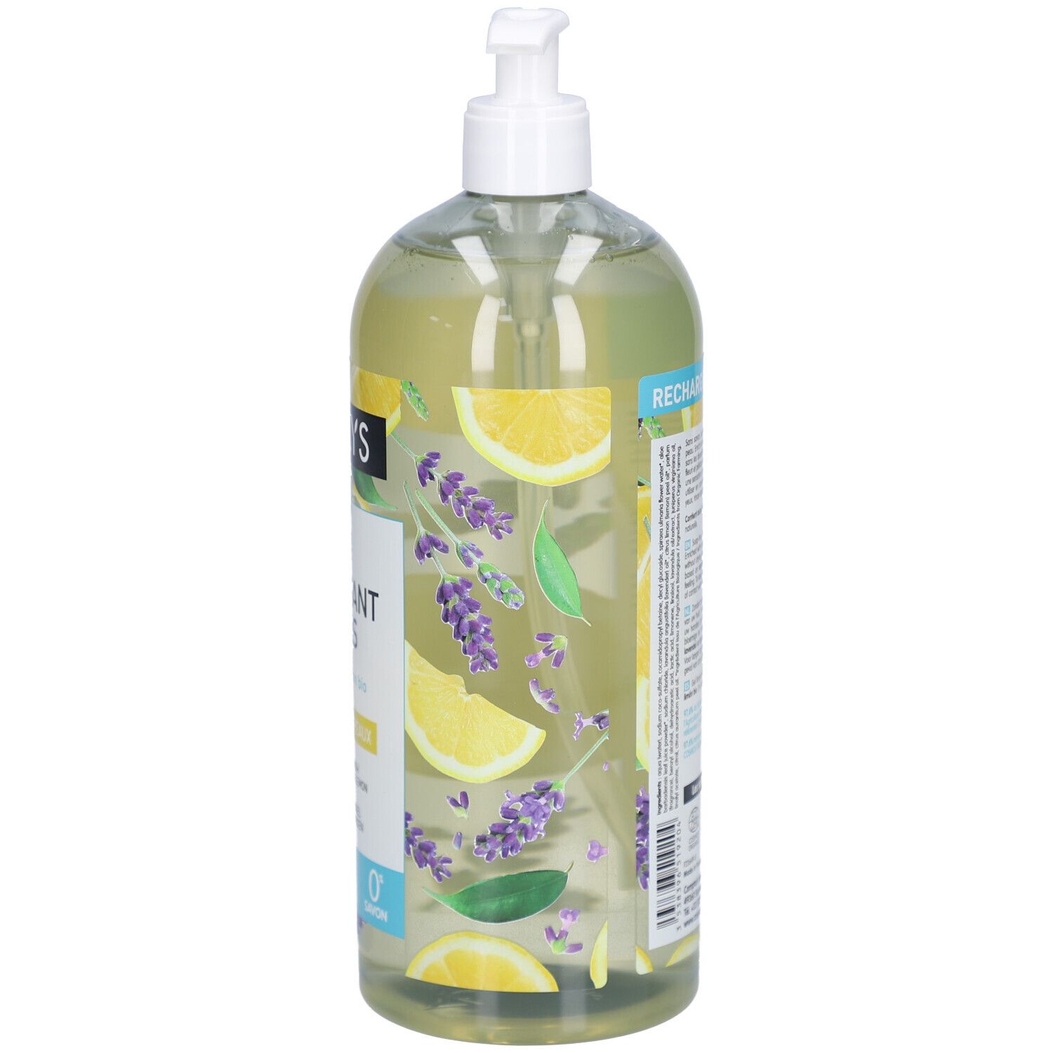 Flasche mit Spender. Etikett mit Produktbezeichnung, Zitrone und Lavendel-Illustrationen. Textinformationen. Bio-Zertifizierung.
