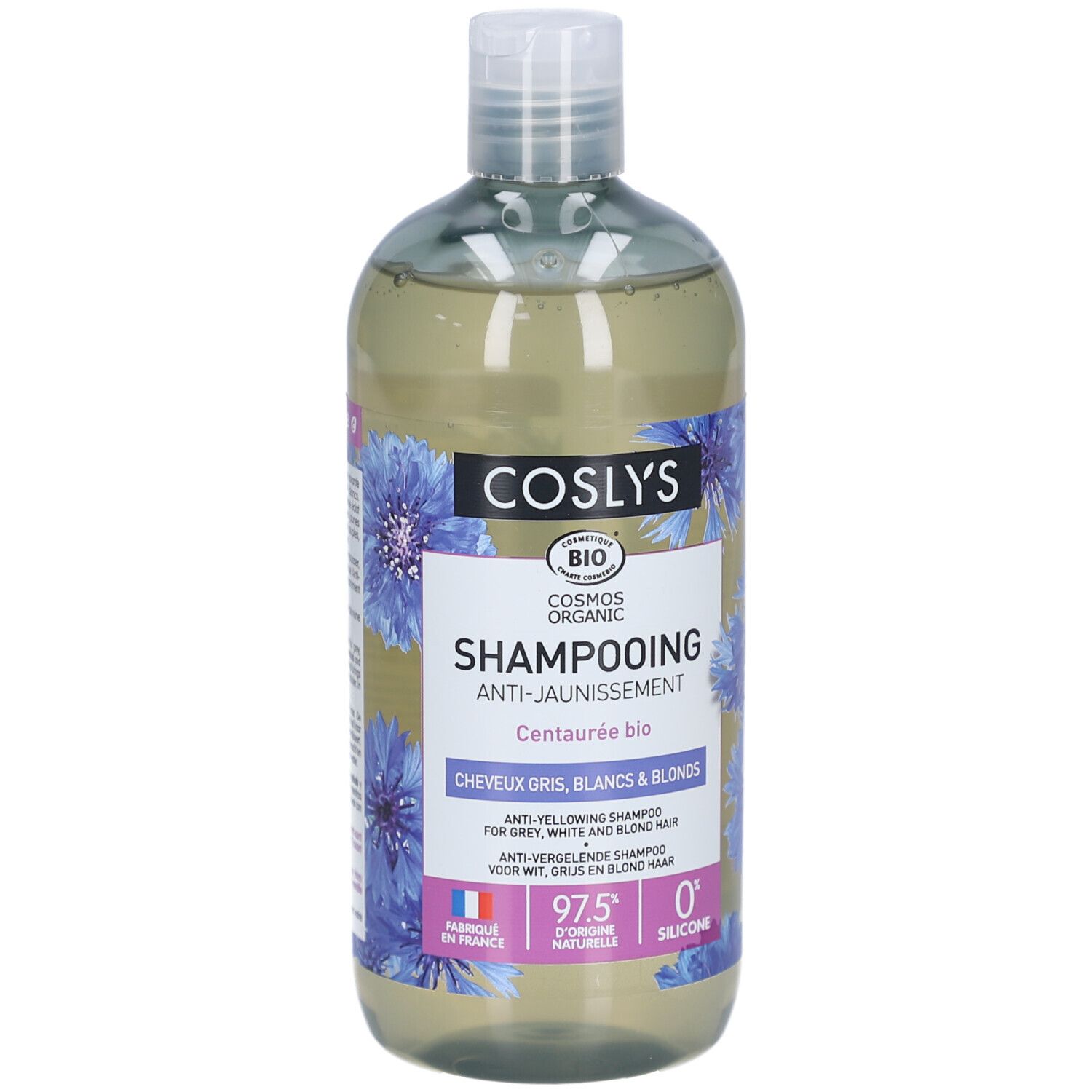 COSLYS Shampooing, Anti-Gelbstich für graues, weißes und blondes Haar. Flasche mit blauen Blüten und Produktinformationen.